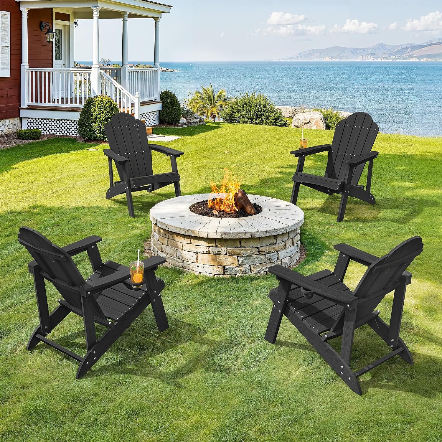LUE BONA HDPE Adirondack Chairs Set of 4, Black Fire Pit Chairs | All-season weather resistant, ergonomic comfy design, long-time use for patio & resort, holds up to 350 LBS