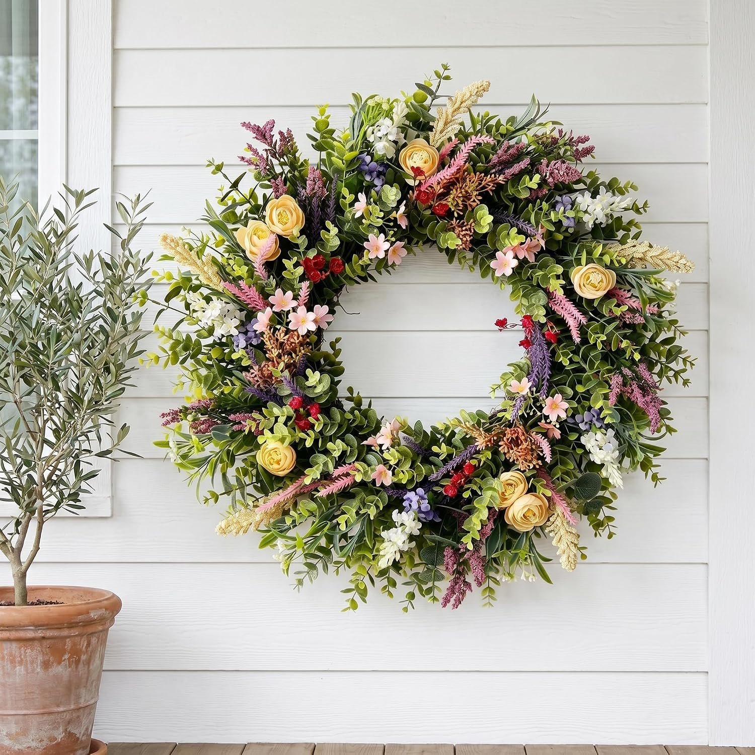 Lush Eucalyptus Wreath for Front Door – 24″ Colorful Floral Wreath with 10+ Mixed Foliage & Blooms – All-Season Farmhouse Outdoor Wreath for Spring Summer Porch Wall Decor