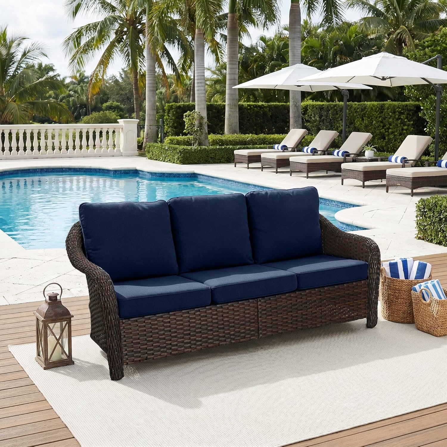 77 inch Outdoor Wicker 3 Seater Sofa, All-Weather Use Patio Rattan Sofa with Seat and Back Cushion, Ideal for Porch, Backyard, Balcony, Poolside, Blue