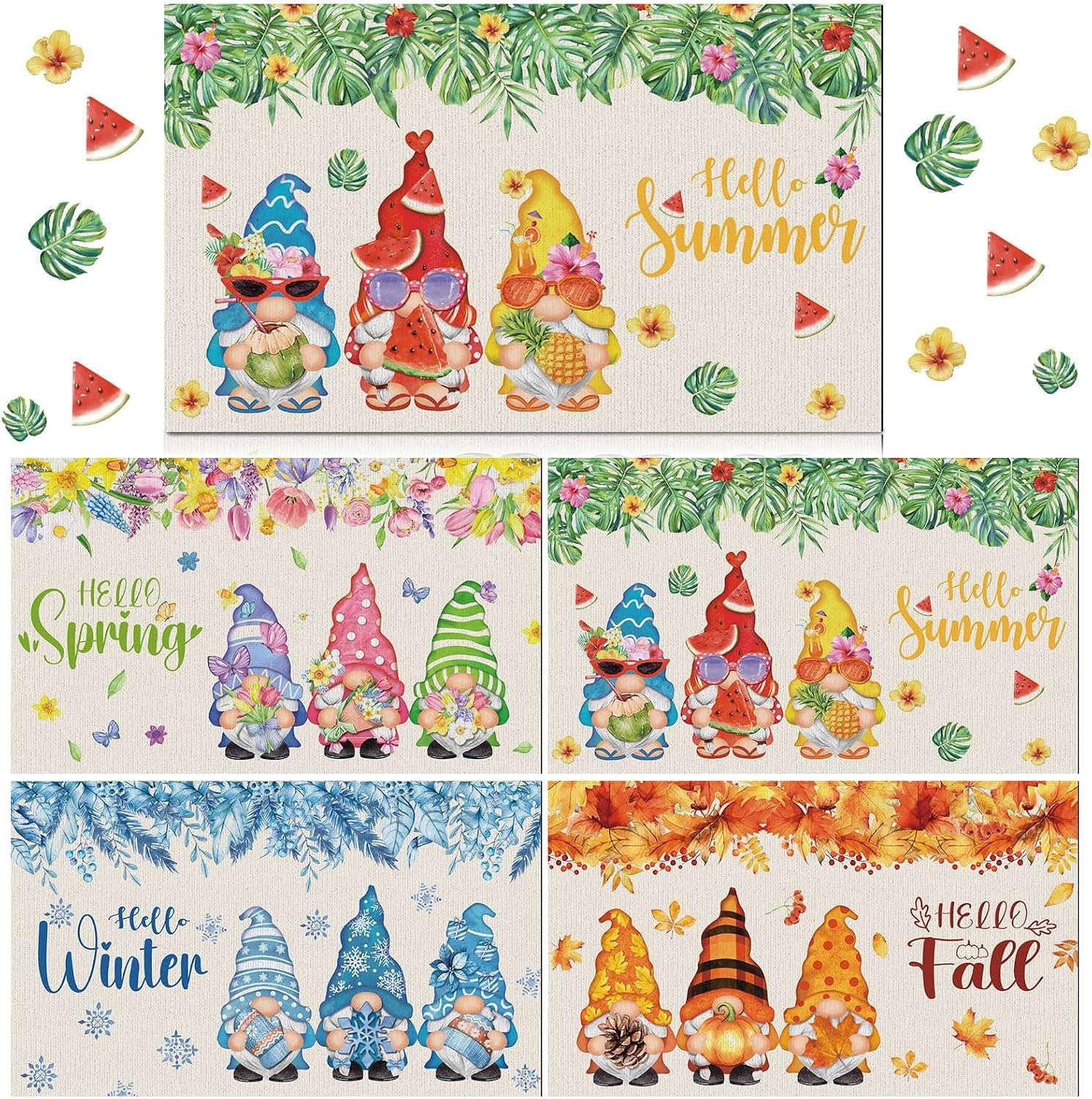 Tinideya 4 Pcs Door Mat Inserts Gnome 24×16 Spring Summer Fall Winter | Interchangeable Welcome Mats for Front Entry, Colorful Gnome Designs for Seasonal Decor, Easy Swap Entrance Rugs