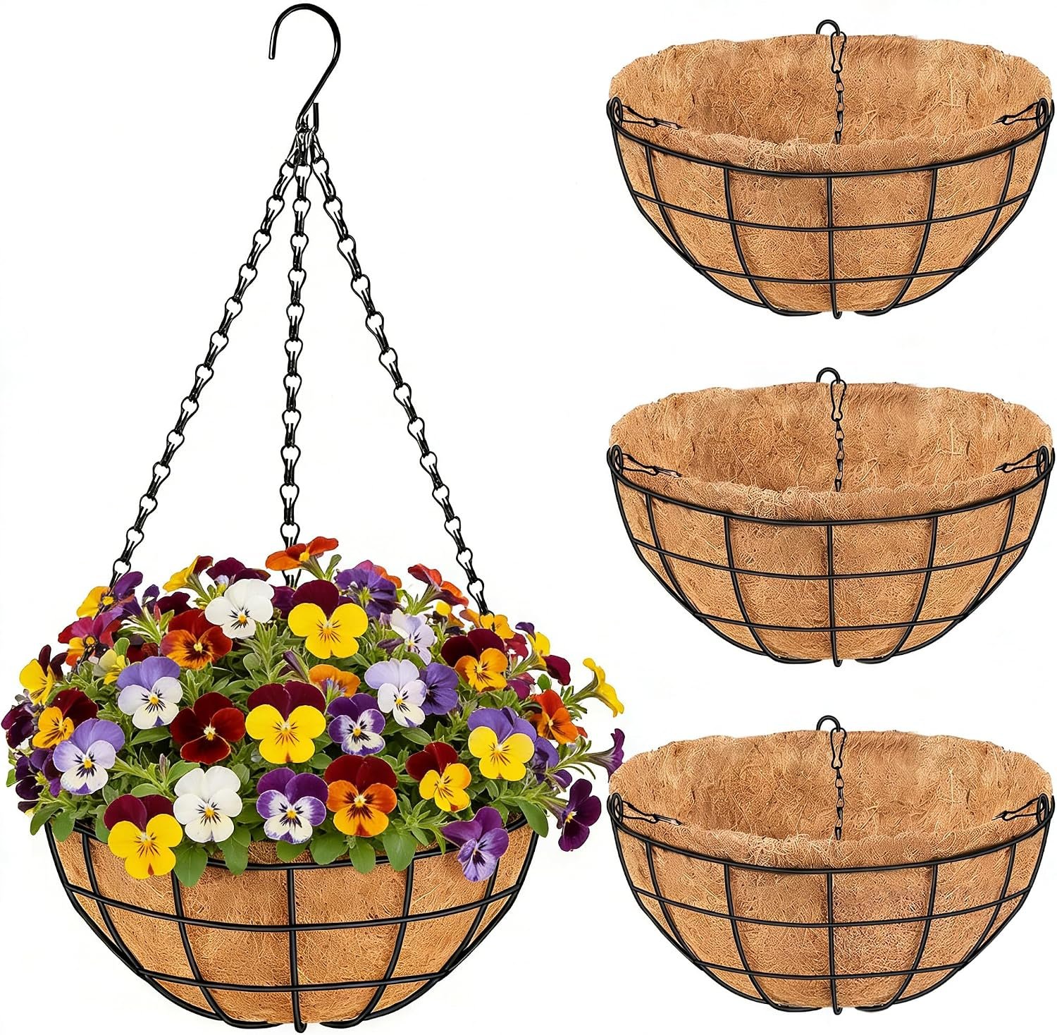 14 Inch Hanging Planters for Outdoor Plants, 4 Pack Large Hanging Baskets | Metal Hanging Baskets for Outdoor Plants with Thick Coco Coir Liners, Round Flower Pots for Porch Garden Ferns & Petunias