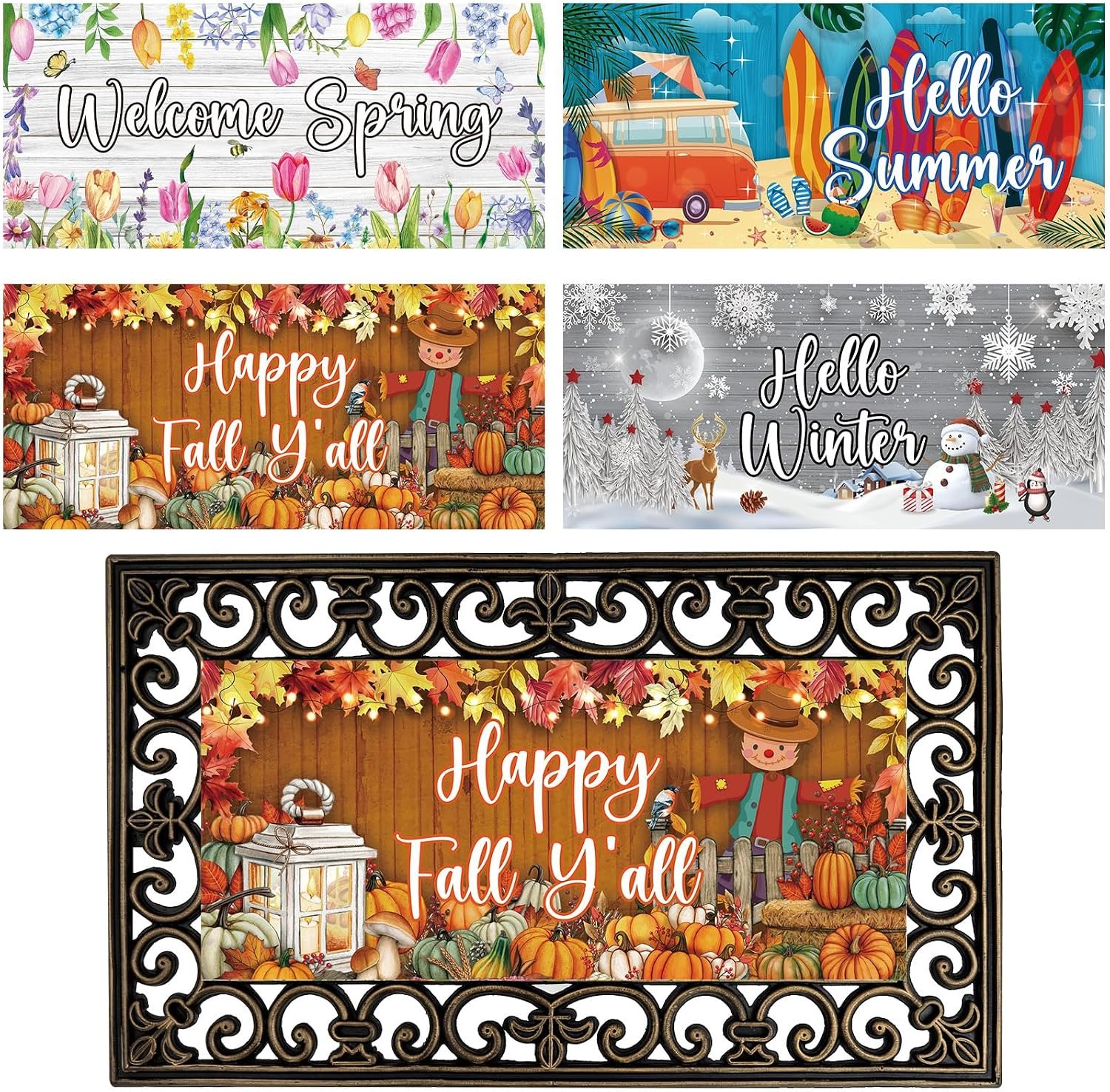 4Pcs Doormat Inserts Seasonal Door Mat Inserts Interchangeable Entrance Doormats Holiday Welcome Doormat Hello Spring Summer Fall Winter Front Door Mat for Front Door Outdoor Indoor Decor 22 x 10 In