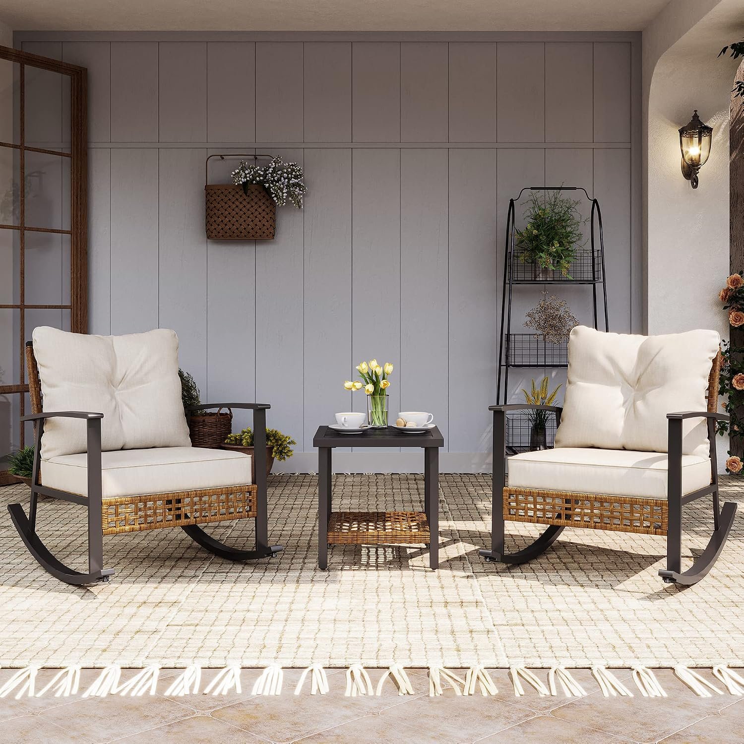 3-Piece Rocking Bistro Set, Outdoor Patio Furniture with Thick Cushions and 2-Tier Coffee Table, Oversize Rattan Conversation Set for Garden, Balcony, Backyard (Beige)