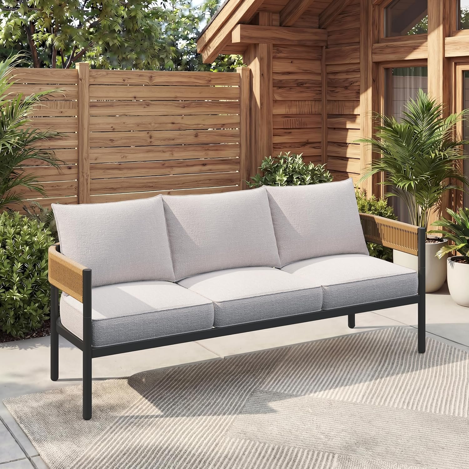 Gand Patio Outdoor Patio Furniture, 3-Seat Sofa, Natural | All Weather Wicker Conversation Set, Washable Thick Cushion, Outdoor Couch Sofa for Porch, Garden, Yard