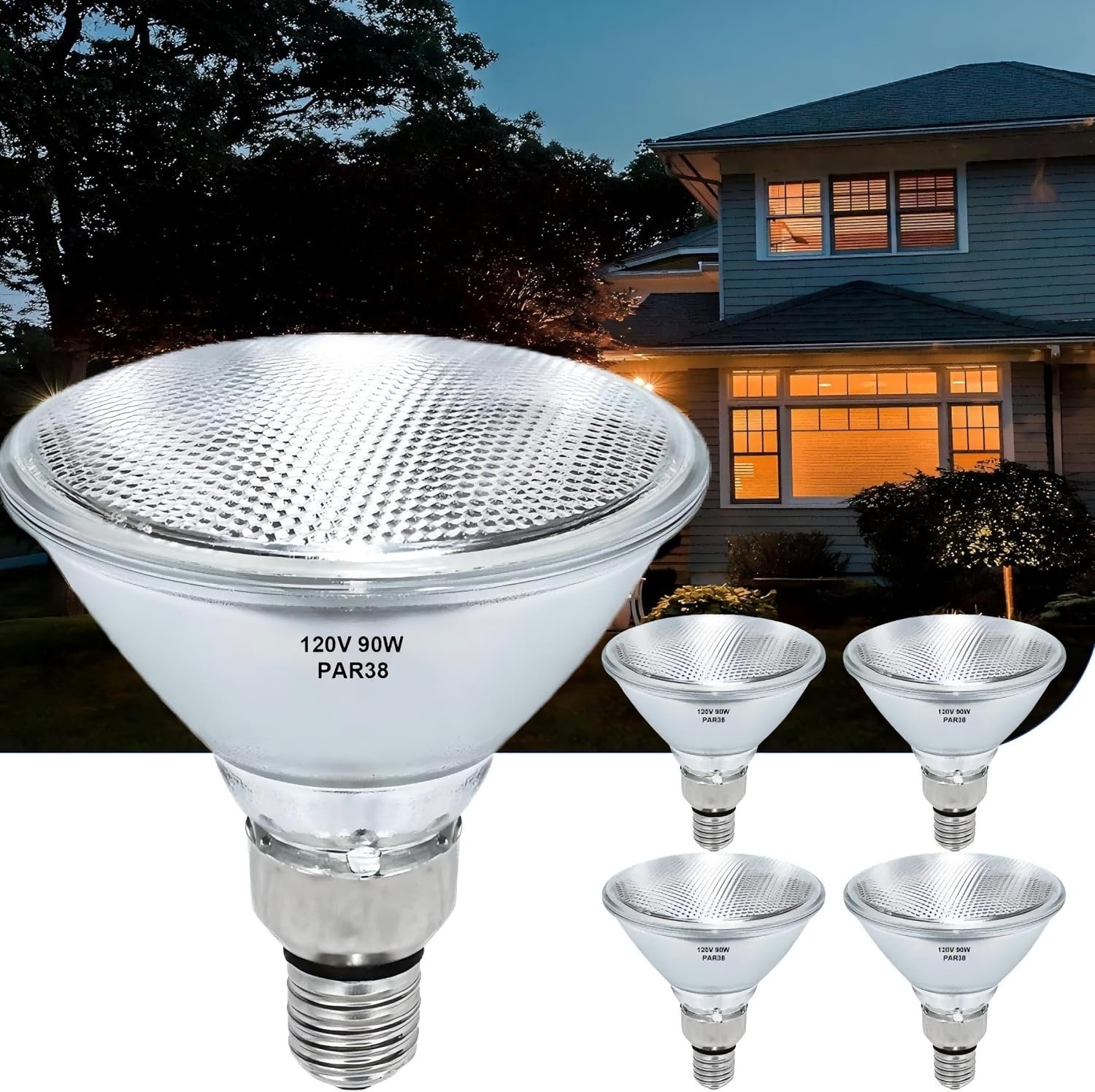 PAR38 Halogen Flood Light Bulbs 90W 4 Pcs, Fit for Indoor Outdoor | Dimmable 2700K Warm White Light, E26 Base