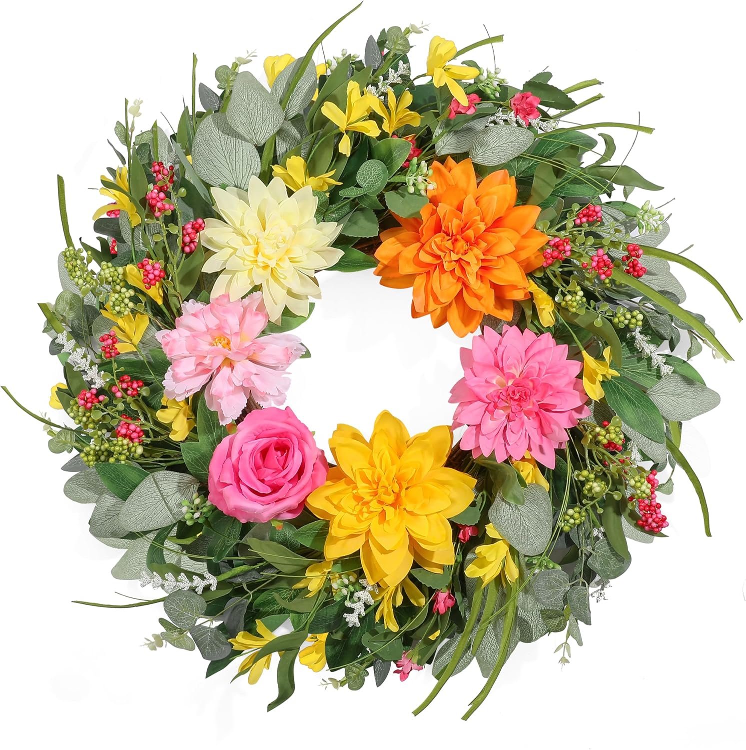 Summer Wreaths for Front Door 24 Inch, Artificial Spring Wreath with Dahlia and Peony for All Season Home Decor Easter Indoor Outdoor Wall Home Festival Celebrations