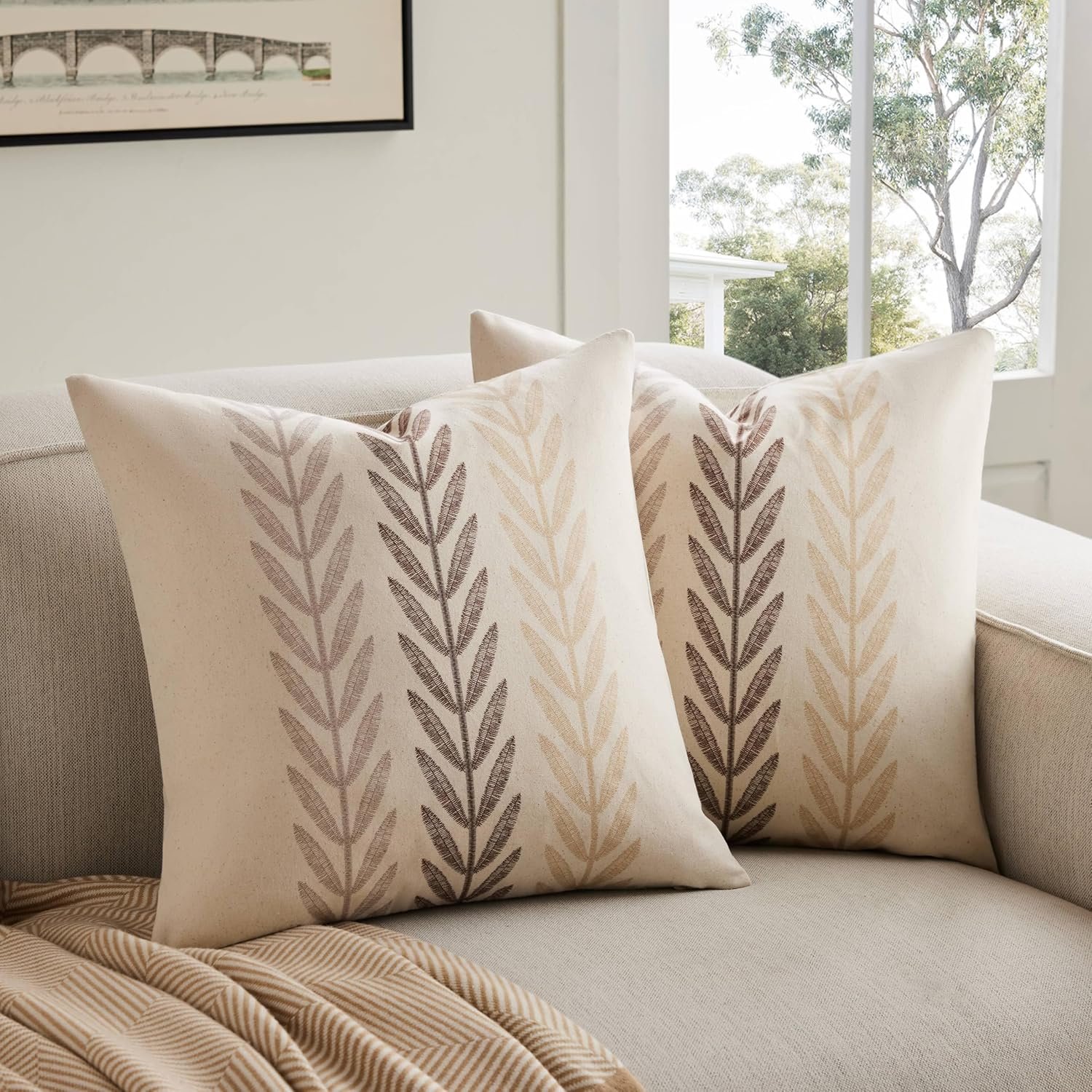 Farmhouse Leaves Throw Pillow Covers Set of 2, 18x18in Mixed Beige | 100% Organic Cotton, Rustic Accent Print Pillow Case, Pastoral Decorative Cushion Covers for Sofa Bed Living Room Home Decor