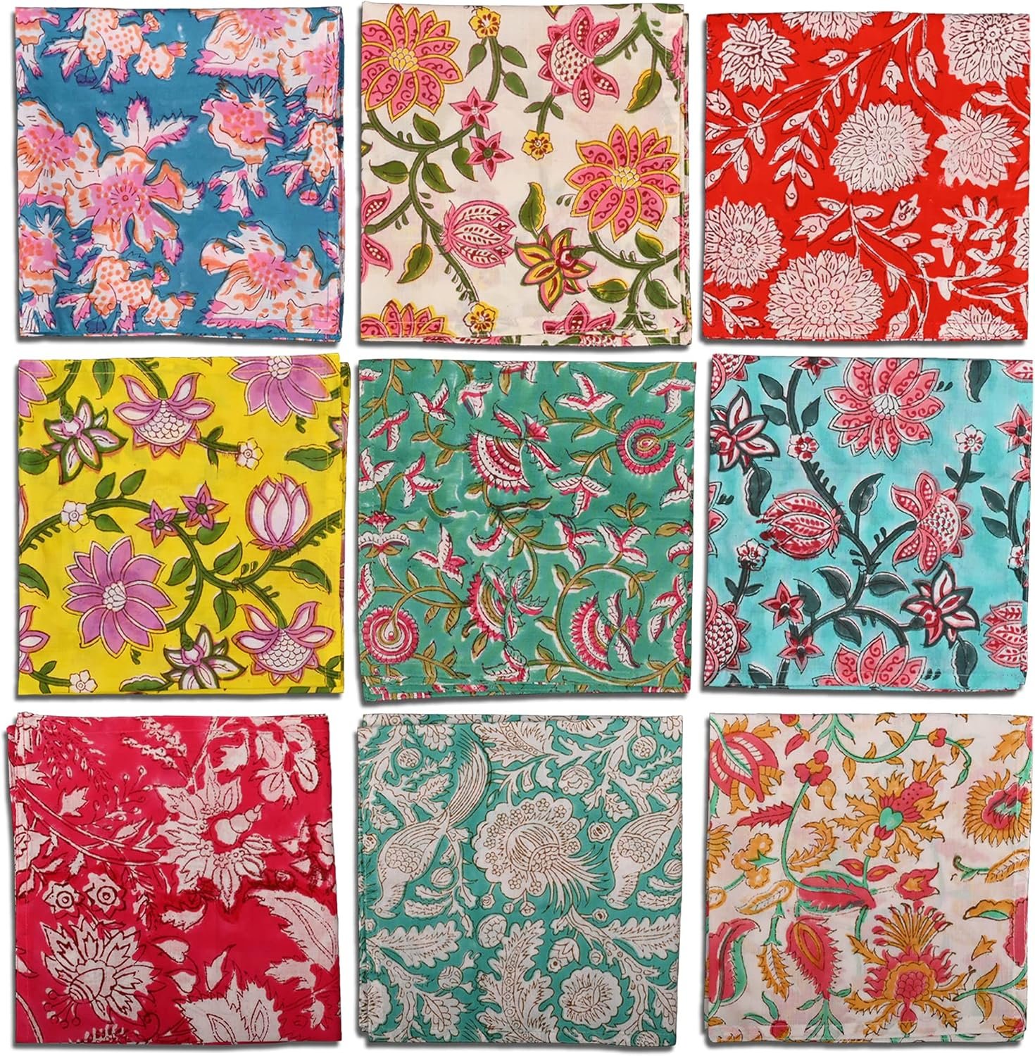 DIYANAIMPEX 10 Pc Cotton Cloth Napkins Hand Block Print Hand Made Size 16×16 Inch Printed Home Decor Indian Eco Friendly Mix Lot Dinner Napkins (Multicoloured)