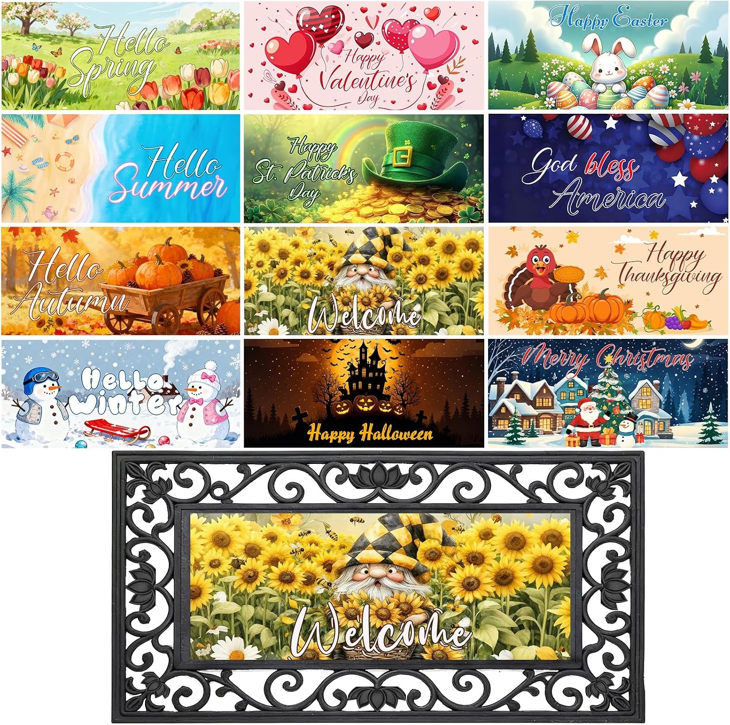 12PCS Interchangeable Doormat Inserts Seasonal Welcome Mats – 22″ x 10″ Outdoor Indoor Door Mat Set for Spring Summer Fall Winter, Holiday Decor for Front Door, Christmas Halloween Thanksgiving