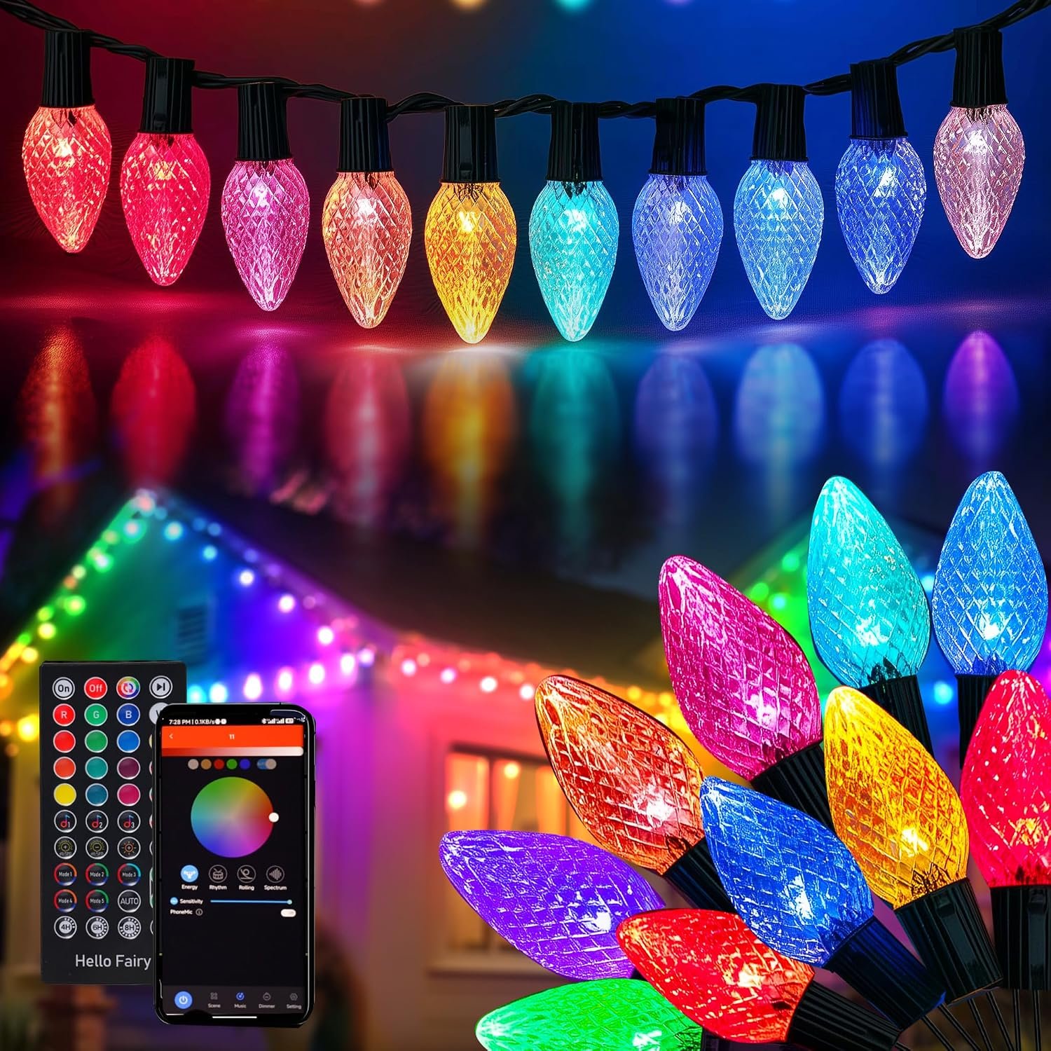 Dazzle Bright Smart C9 Christmas Outdoor Lights, 100 LED 66 FT RGB String Light with Remote, App Control, Music Sync, Connectable Waterproof Xmas Lights for Holiday Tree Patio Roof Decor