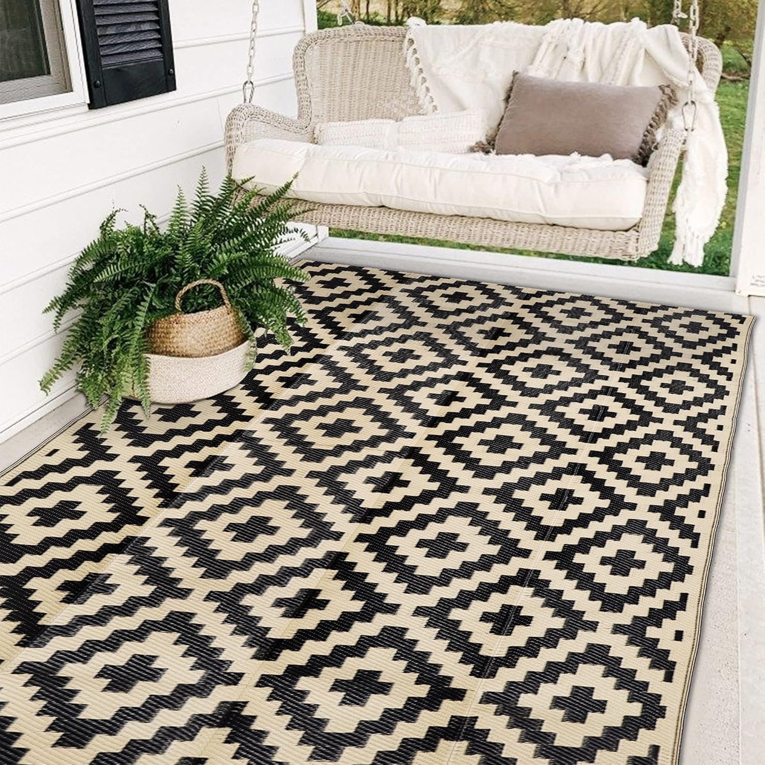 Waterproof Outdoor Rug 5×8 ft, Plastic Reversible Rug, Modern Area Rug, Large Floor Mat for Outdoors, RV, Patio, Backyard, Deck, Picnic, Beach, Camping, Black & Beige