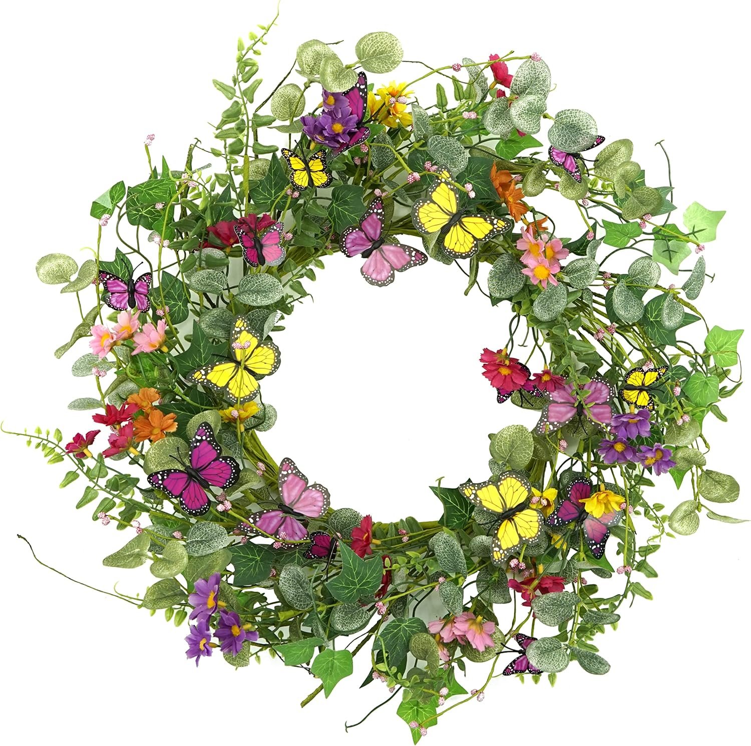 20″ Artificial Spring Summer Wreath with Fake Butterflies,Eucalyptus Leaves,Daisy,Dry Vine Branches,Fern Leaves for Front Door Indoor Outdoor Farmhouse Wall Holiday Decor, White Gift Box Included