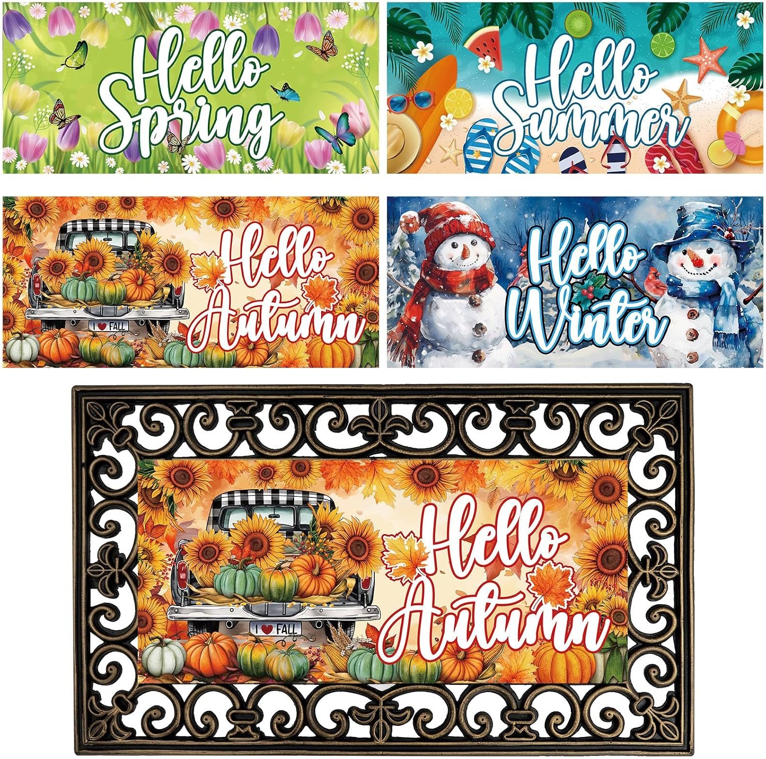 4Pcs Doormat Inserts Seasonal Door Mat Inserts Interchangeable Entrance Doormats Holiday Welcome Doormat Hello Spring Summer Fall Winter Door Mat for Front Door Outdoor Indoor Decor 22 x 10 In Vivid