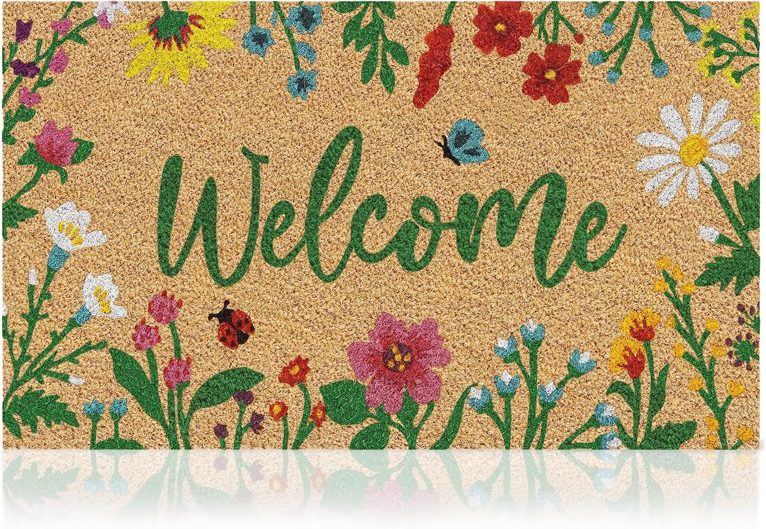 Coir Welcome Mat, Non-Slip, Floral, 17 x 29 in | 100% Natural Coir, Anti-Shedding, Durable PVC Backing, Traps Dirt and Mud, Indoor and Outdoor Entryway, Easy to Clean