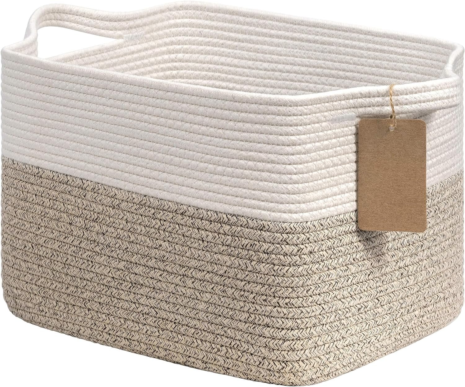 Goodpick Woven Rope Storage Basket for Shelves, Rectangle, Light Brown | 13″ × 10″ × 9″ Stylish Gift Basket for Home Organization, Fits Dog Toys, Books & Nursery Essentials Storage, Writable Label