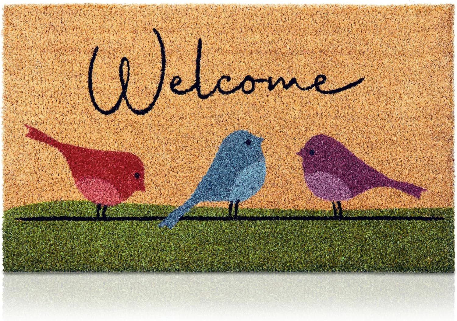 Coir Welcome Mat, Non-Slip, Colorful Birds, 17 x 29 in | 100% Natural Coir, Anti-Shedding, Durable PVC Backing, Traps Dirt and Mud, Indoor and Outdoor Entryway, Easy to Clean
