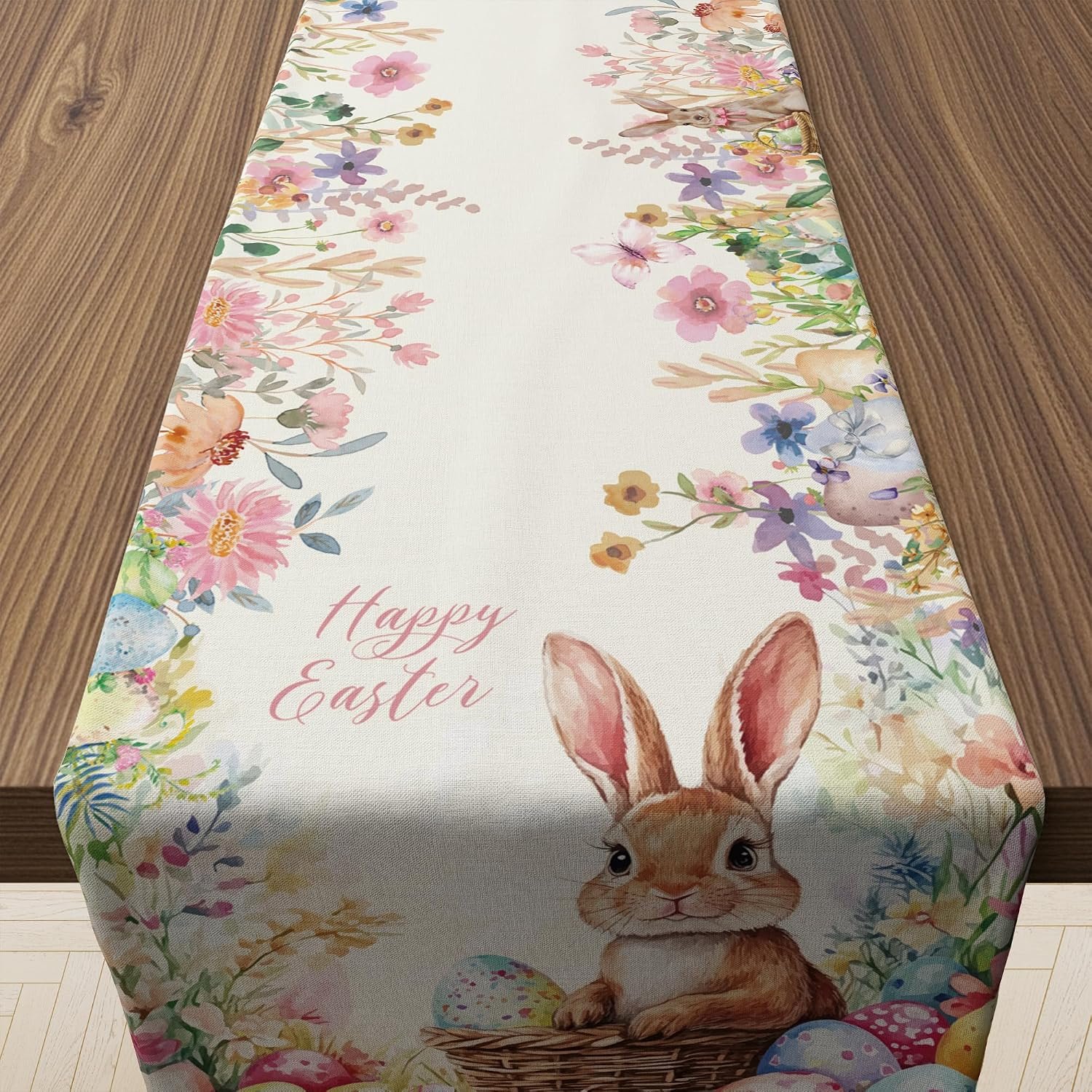 OHOME Easter Decorations – Egg Rabbit Table Runner | Easter Party Decorations Favors Supplies Indoor Outdoor – Spring Backdrop Banner Basket Stuffers for Kitchen Home Dining Table Decor