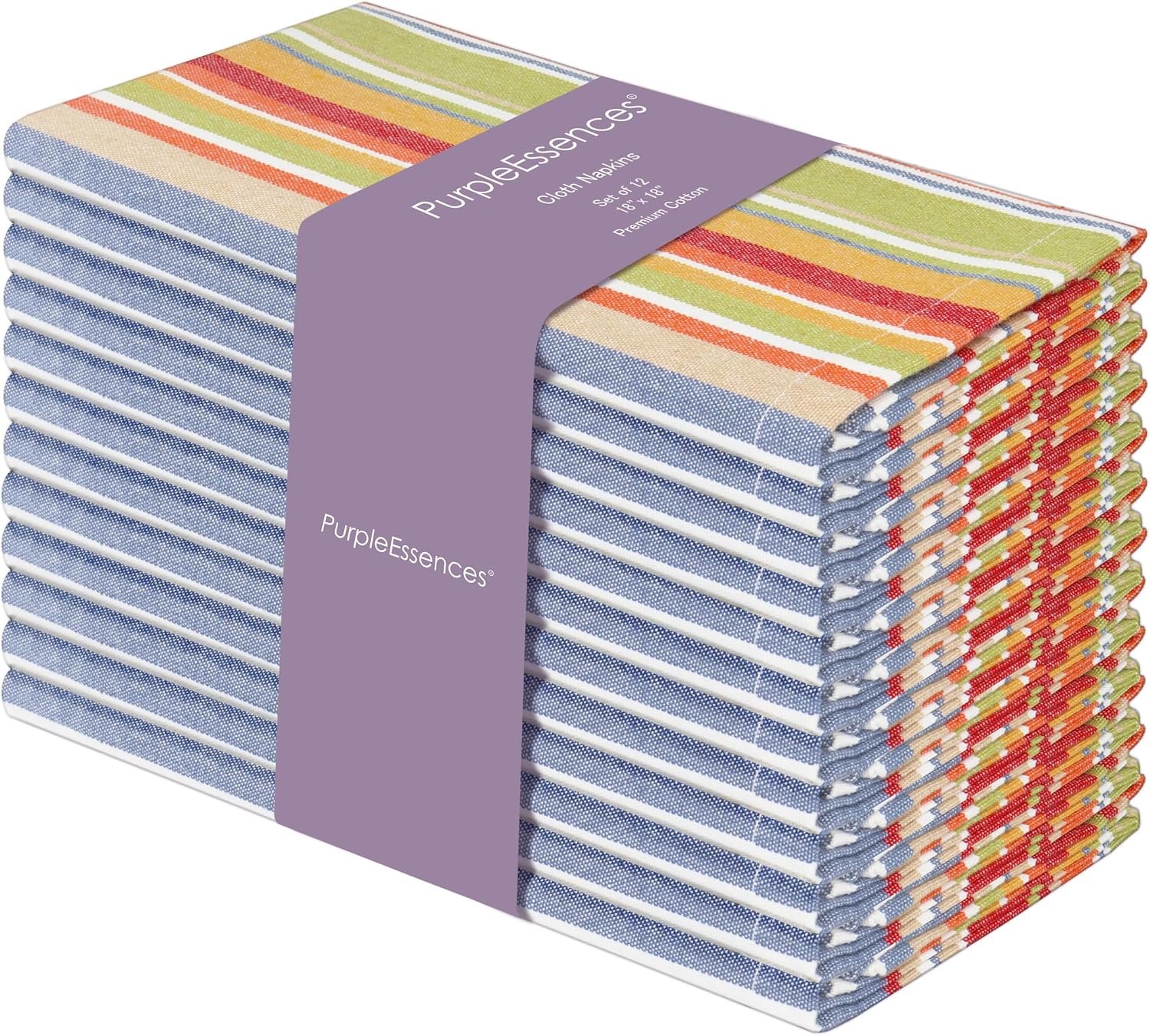 Plain Striped Cloth Napkins – Set of 12-100% Cotton – 18 x 18 Inch – Spring Easter Summer and Perfect Everyday Use Dinner Napkin – Multi Color