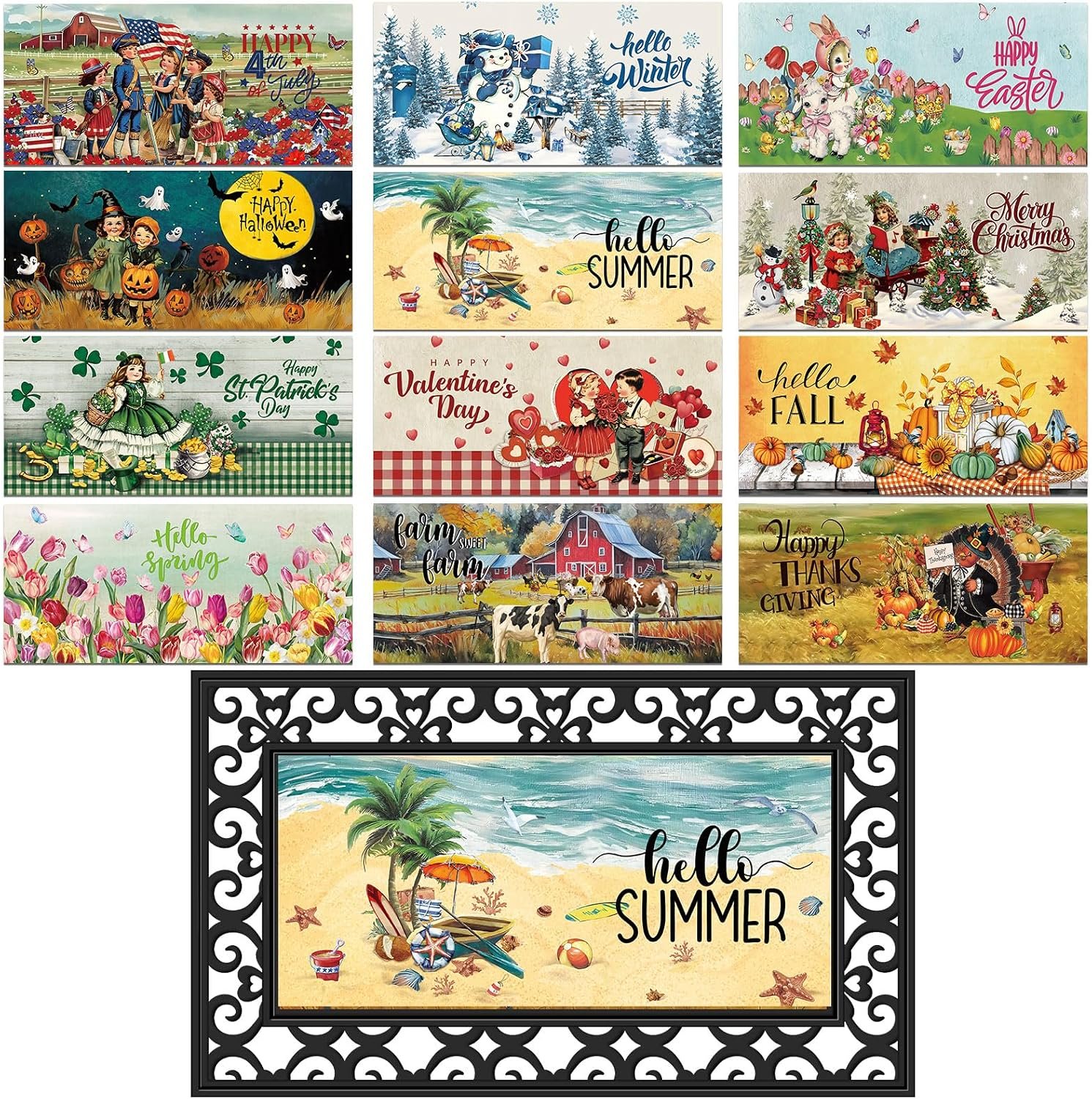 Nuanchu 12 Pack Seasonal Doormat Inserts, 10×22 Inch Interchangeable Door Mat for Front Door, Non Slip Diatom Mud Mat, Holiday Welcome Insert for Fall Christmas Decor(Retro)