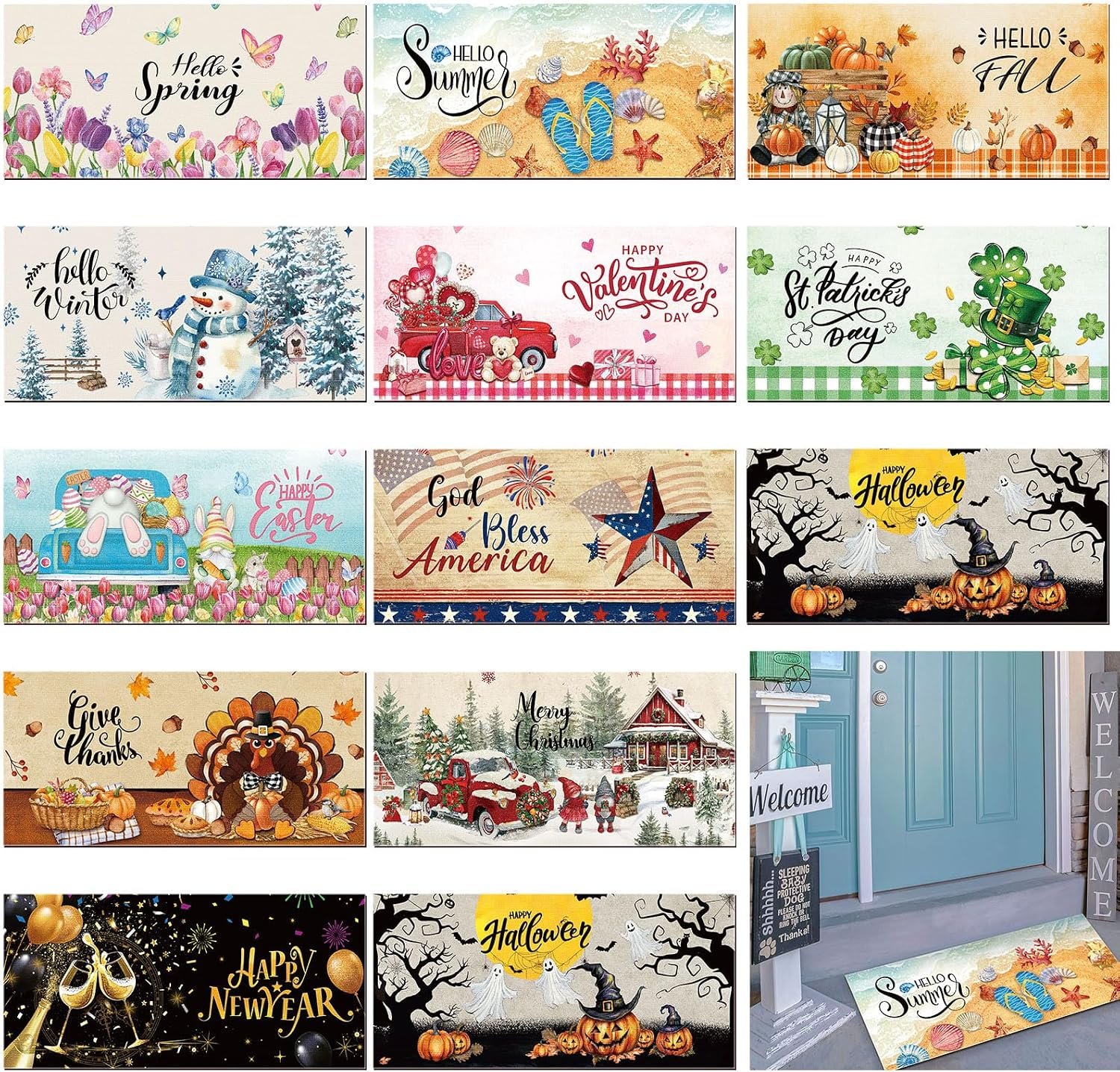 Tinideya 12 Pcs Seasonal Welcome Doormats, 10 x 22 Inches,Classic Style