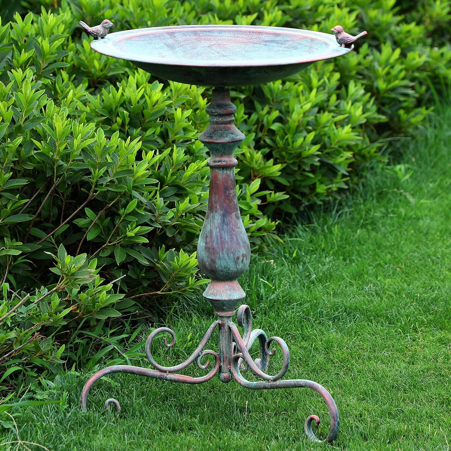 Newtay 27.25 Ornate Metal Pedestal Style Birdbath with Cast Iron Vintage Birds Baths for Outdoors on Rim Full Base Standing Bird Bath Tray for Garden Yard Decoration, Green, Not Easy to Rust