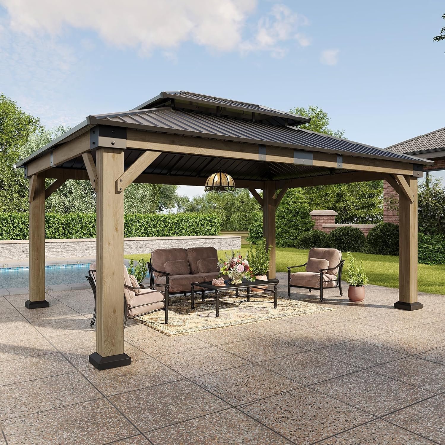 Aoxun 12′ x 16′ Outdoor Wood Gazebo, Hardtop Gazebo | Permanent Wooden Pavilion with Galvanized Steel Double Roof, for Patio, Garden, Backyard, Cedar Wood, Grey