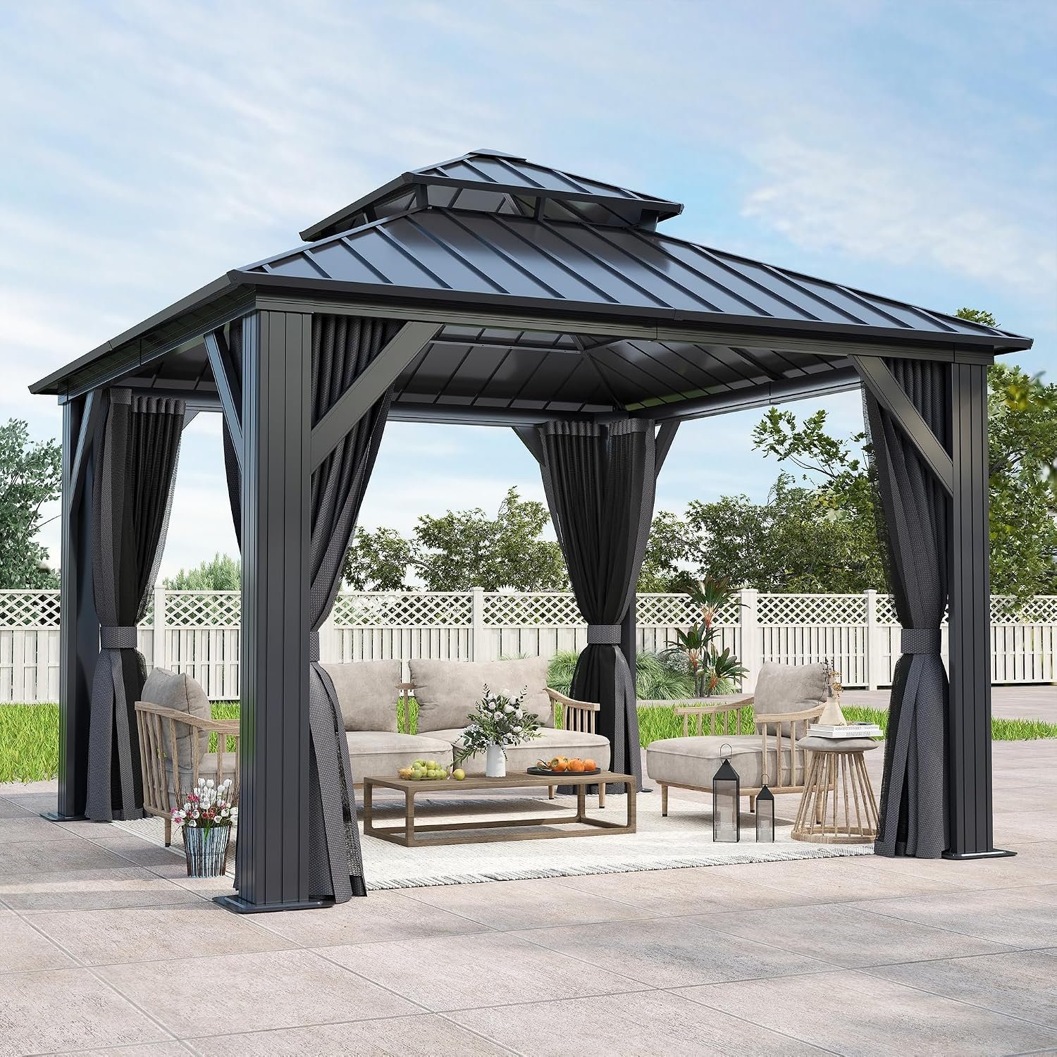 10’x10′ Outdoor Hardtop Gazebo with Double Roof | Heavy-Duty Steel Top Aluminum Frame Gazebo with Breathable Netting & Privacy Curtain for Patio, Porch, Garden, Lawn