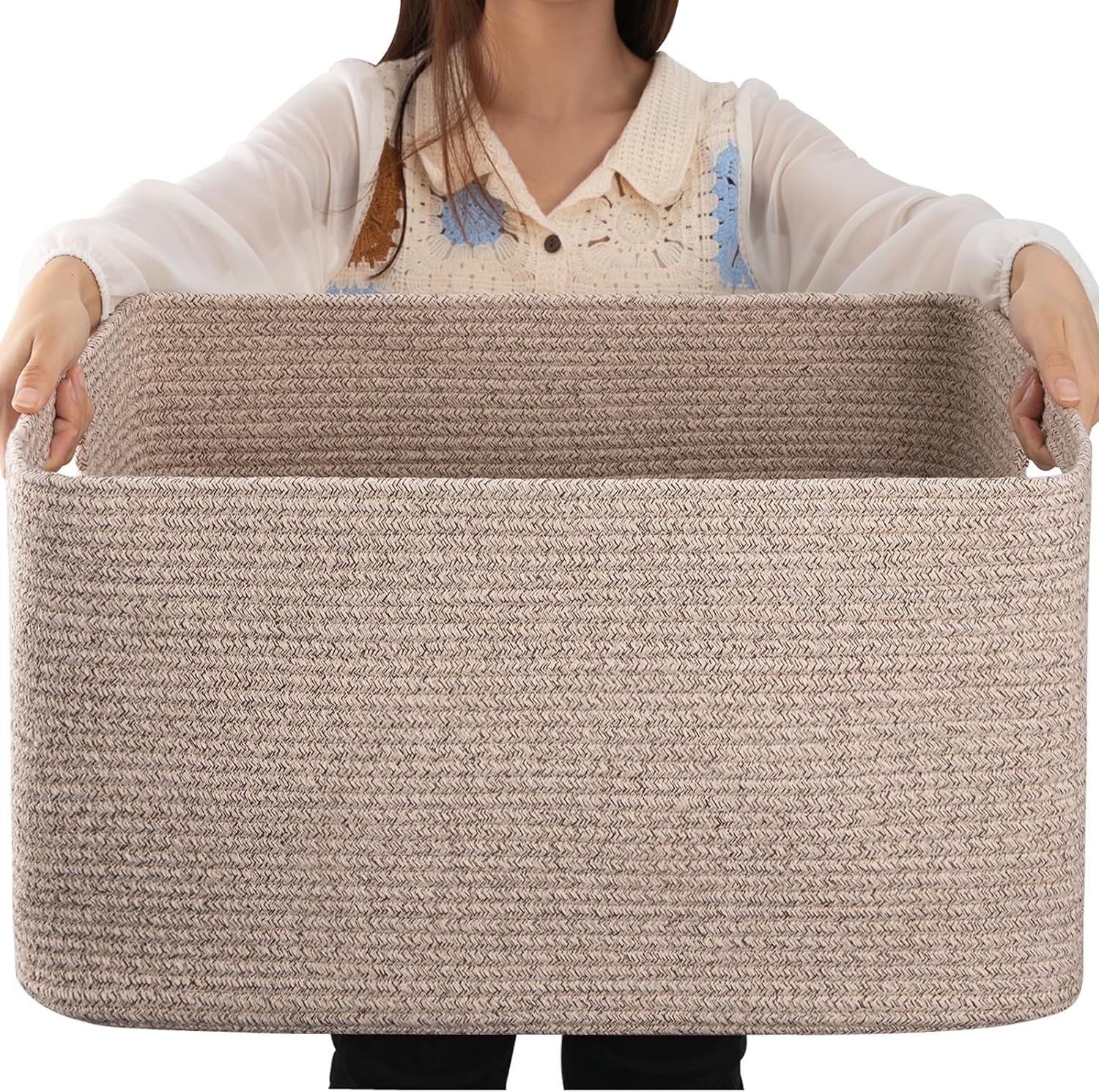 OIAHOMY 75L Large Blanket Basket, 22”x17”x12” Woven Cotton Rope Storage Basket with Handle for Organizing Blanket and Toys for Living Room, Nursery, Brown Variegated