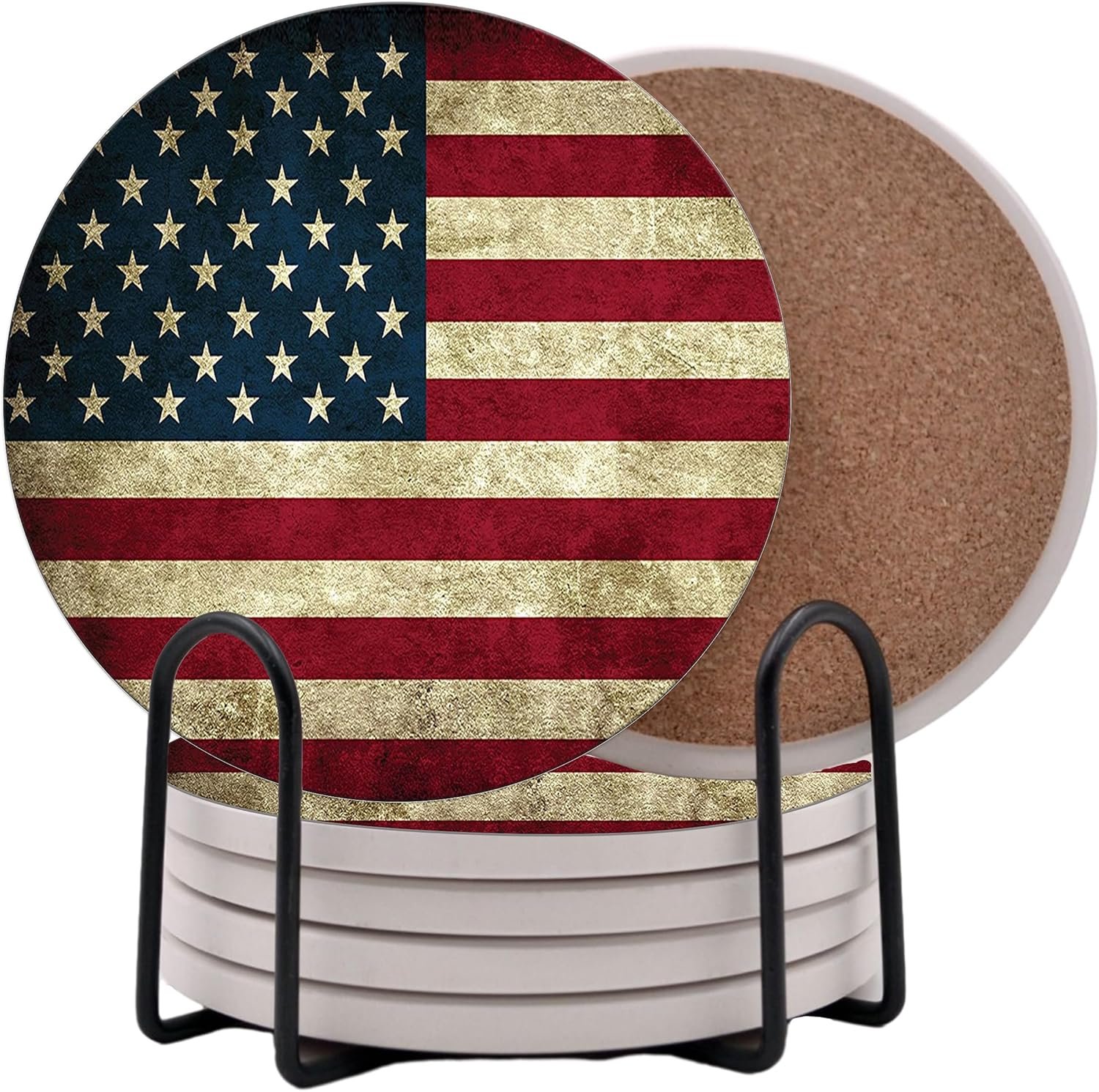 USA American Flag United States Round Coasters Set of 6 – Abosrbent Ceramic with Metal Stand for Drinks, Coffee, Non-Slip Cork Back for Tabletop Protection, 4 Inches (Rustic)