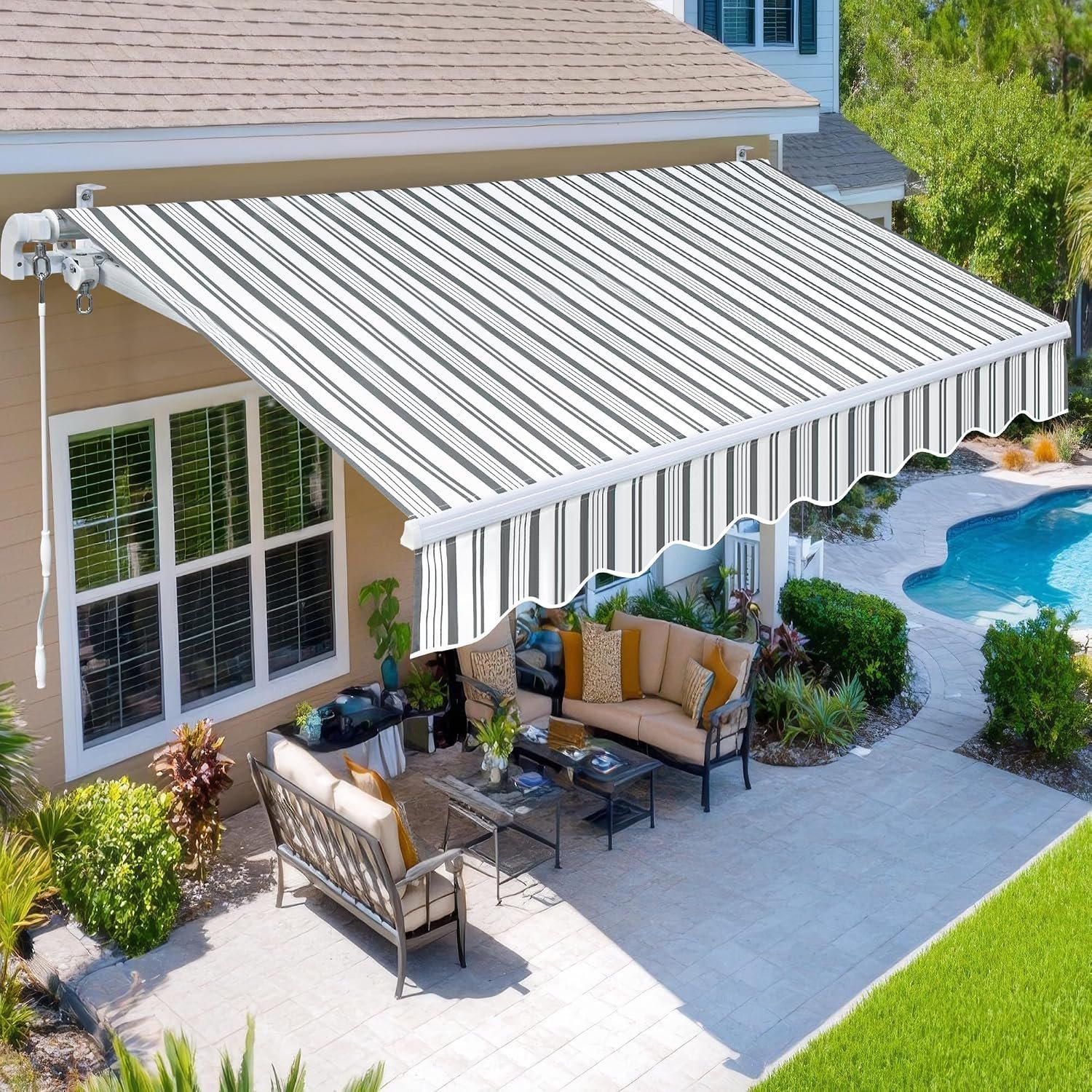 13.1’x9.8′ Patio Awning Retractable Fully Assembled, Grey White | Manual Sunshade Shelter Outdoor Deck Canopy Balcony Awning Cover – Premium Quality 280G Ployester Aluminum Frame