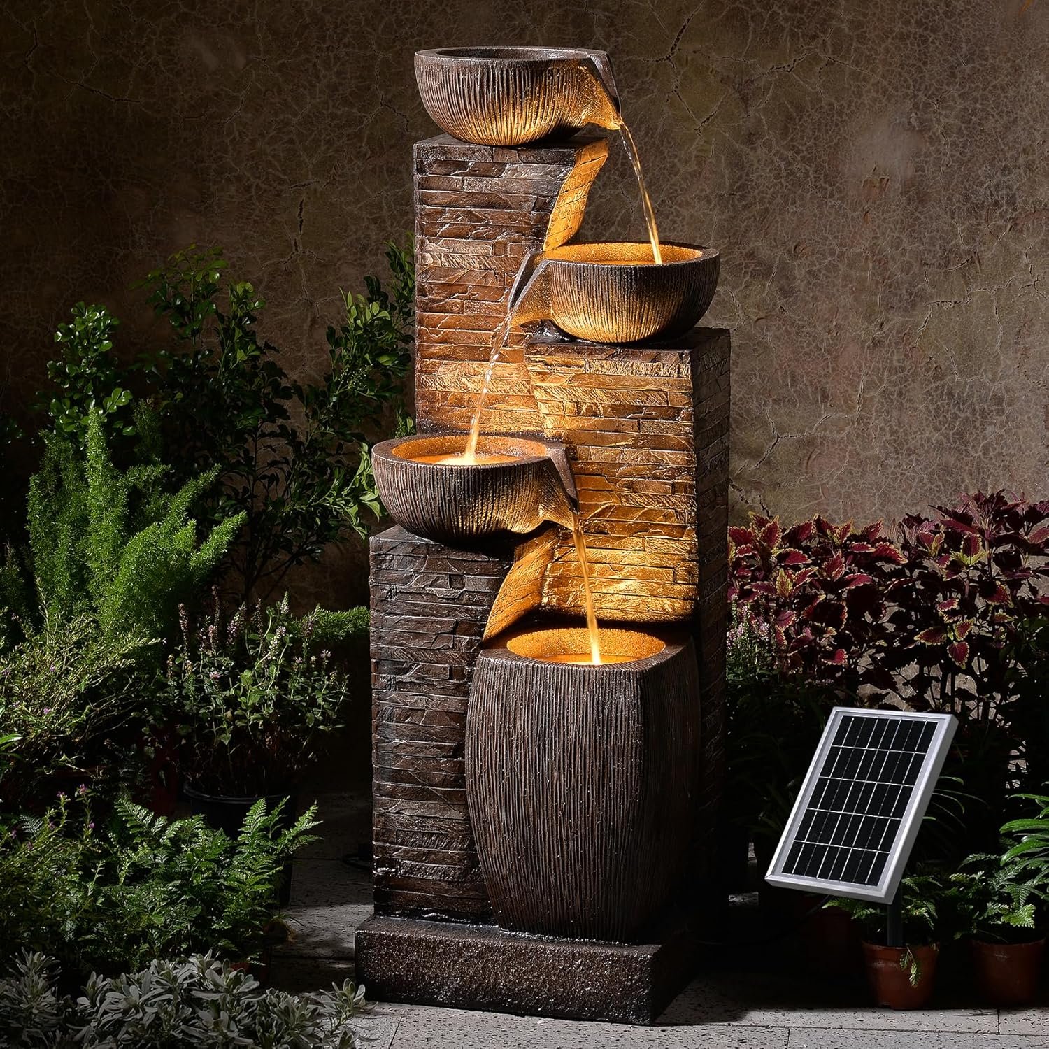 38.2″ Tall Solar Powered Water Fountain for Outdoor | 4 Tiers Modern Cascading Bowls and Stacked Stones Solar Fountains with LED Lights for Garden, Patio, Deck, Backyard
