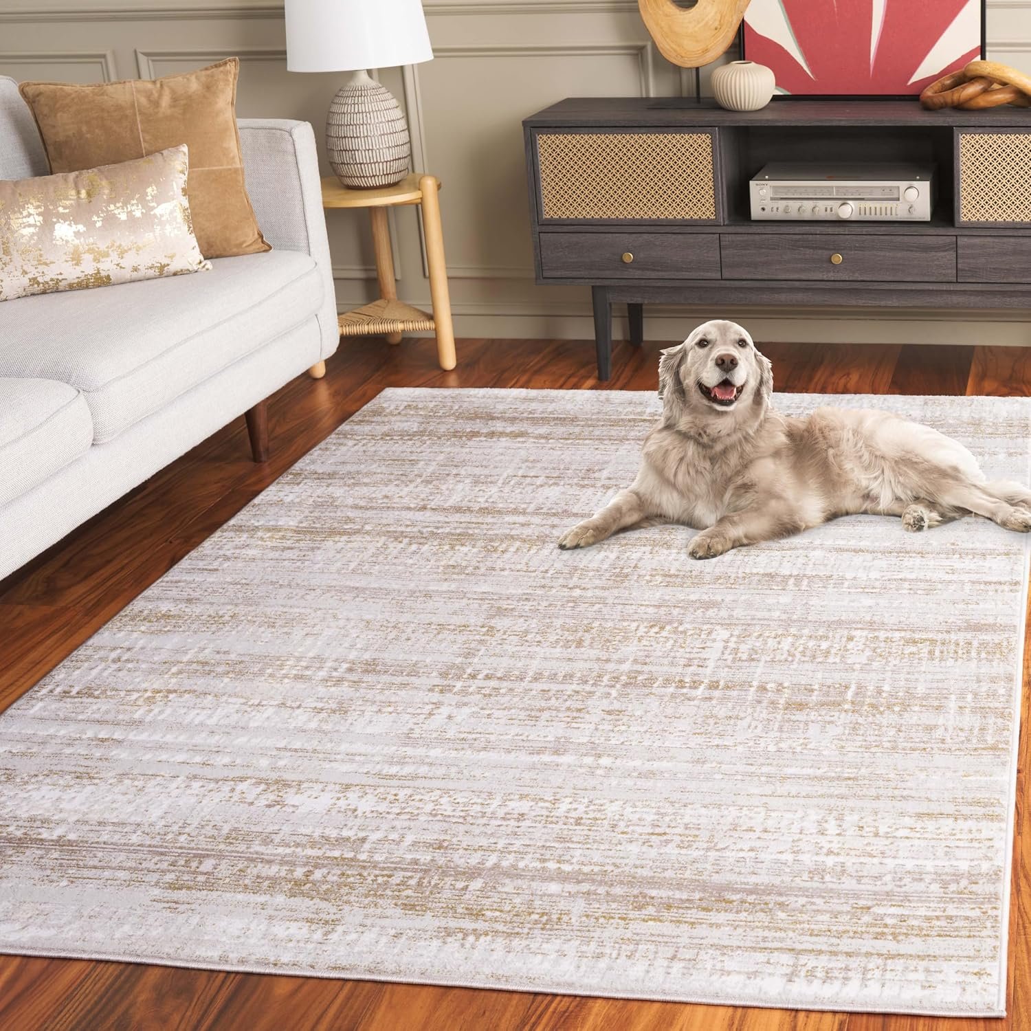 SAFAVIEH Prestige Collection Area Rug – 9′ x 12′, Ivory & Beige, Contemporary Design, Stain Resistant, Ideal for High Traffic Areas in Living Room, Bedroom & Dining Room (PTE128A-9)