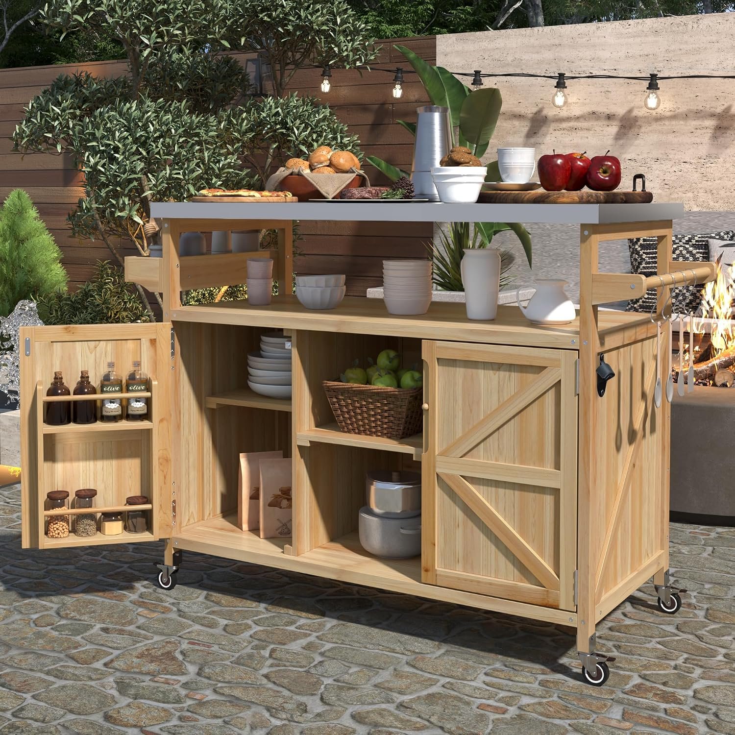 MEETFFAV 50.25″ W Grill Cart with Stainless Steel Tabletop, Natural | Fir Wood Bar Patio Kitchen Island with Ample Storage and Lockable Wheels, Outdoor Storage Cabinet for BBQ Grill