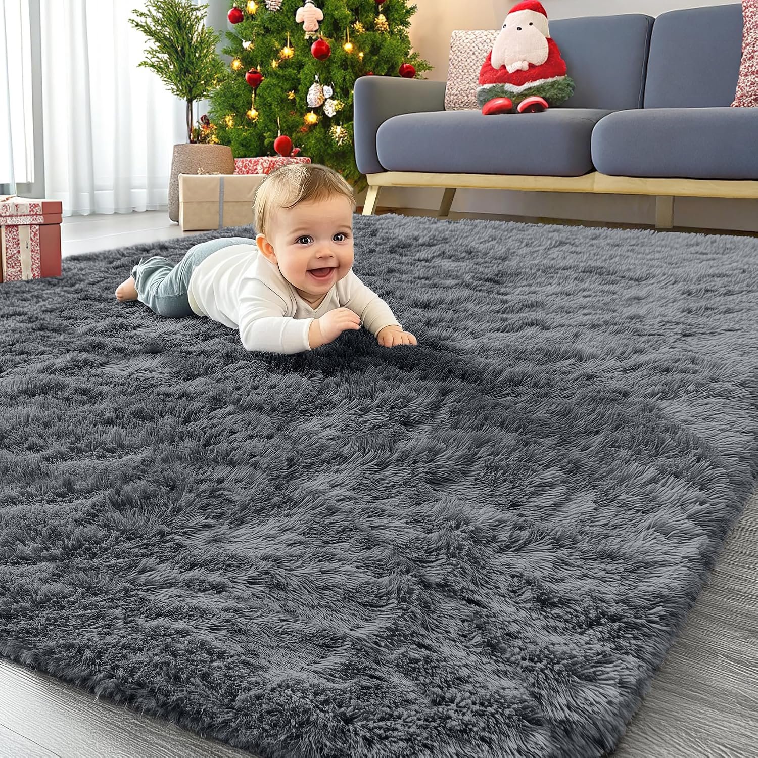 OLANLY Area Rugs for Living Room Bedroom, Machine Washable 4×5.9 ft Soft Fluffy Shaggy Bedside Rug, Indoor Floor Carpet for Kids Girls and Boys, Dorms, Nursery Rooms, Home Decor Aesthetic, Grey