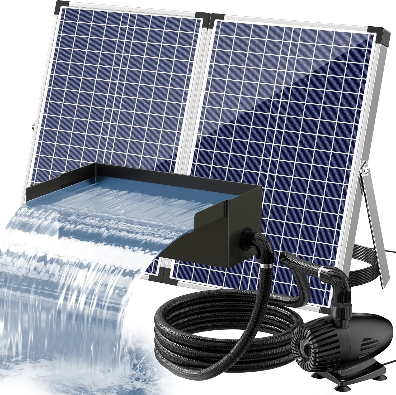70W Solar Water Pump with Pond Waterfall Kit, 304 Stainless Steel Pond Waterfall Spillway, Pond Spillway with 9.8FT Corrugated Tubing for Garden Water Features-P5703