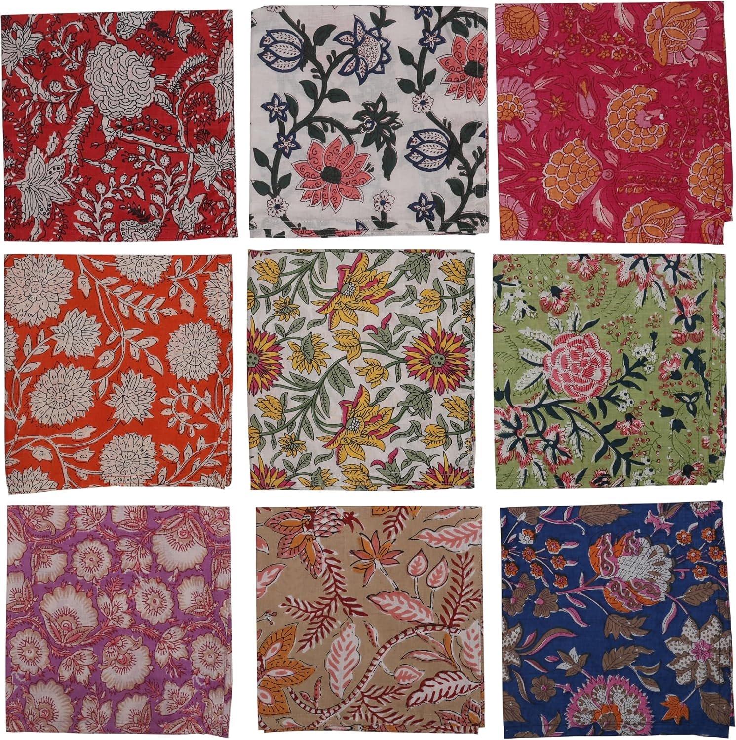 Marubhumi 10 Pc Cotton Cloth Napkins- Hand Block Print, Eco-Friendly, Dinner Napkins, Floral,Hand Made Size 16×16 Inch Printed Home Decor Multicolored