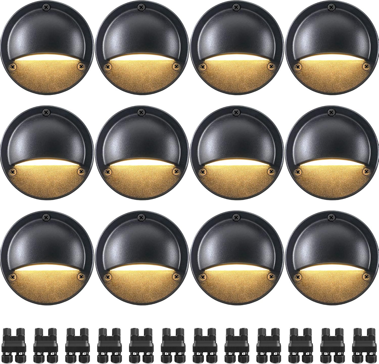 SUNVIE 4″ Low Voltage Deck Lights 3000K 5W Black Cast-Aluminum, 12-Pack | Landscape Lighting, Warm White, 90+ CRI, 500lm, 12-24V AC/DC, IP65 Waterproof, with Fastlock2 Connectors, LED Deck Lights