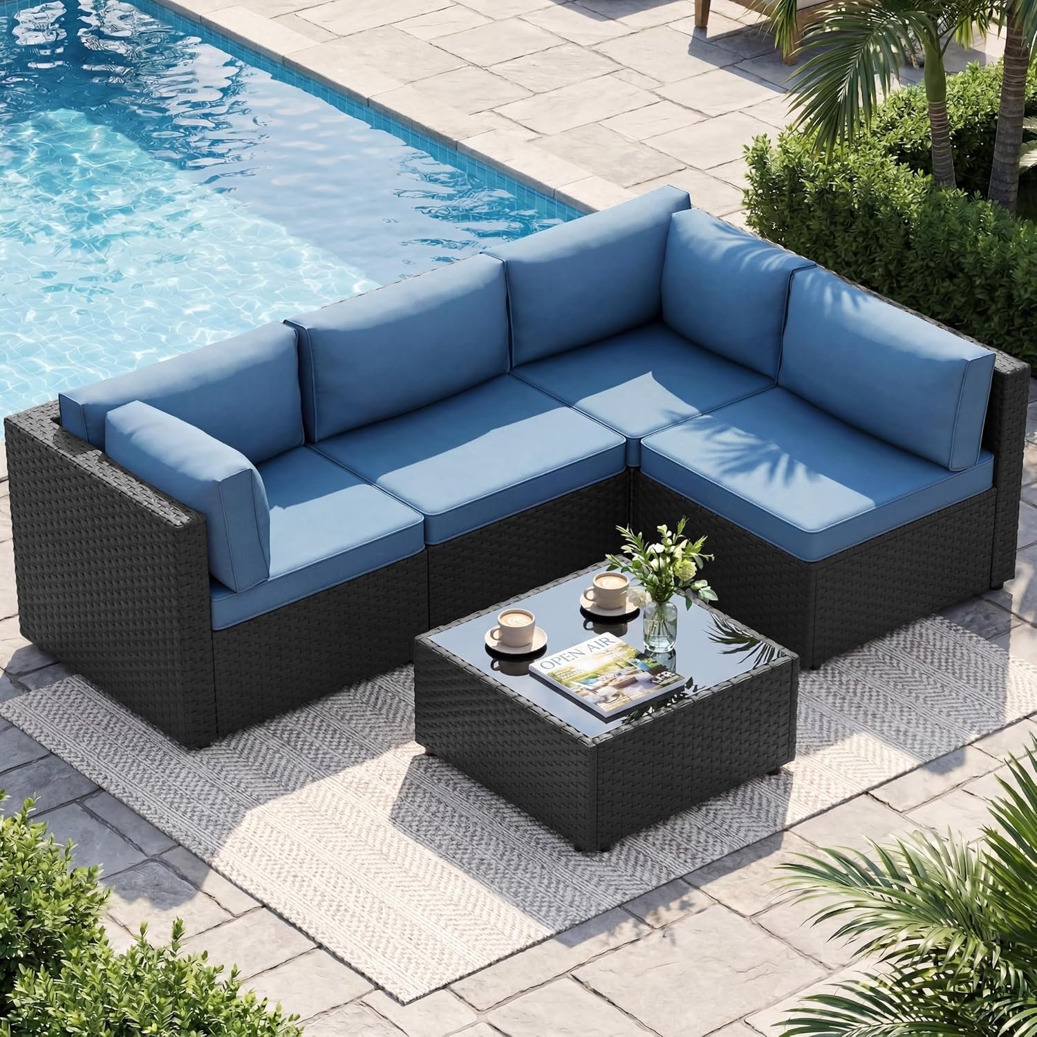 Shintenchi 5 Piece Outdoor Patio Furniture Set with Washable Cushions & Glass Coffee Table for Backyard Poolside Garden Porch,Navy Blue
