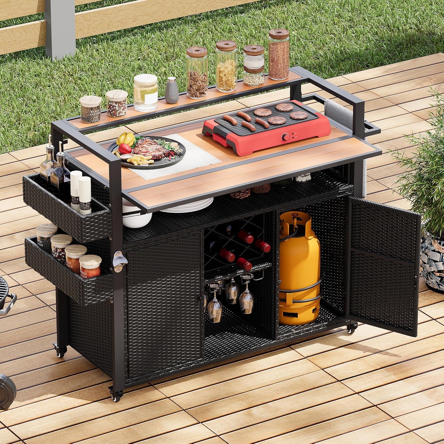 52.8″ Outdoor Grill Cart with Storage Cabinet, Wicker Outdoor Kitchen Prep Station with Wheels, Rolling Bar Serving Cart with Double Handle for Patio Backyard Garden Poolside (Black Brown)