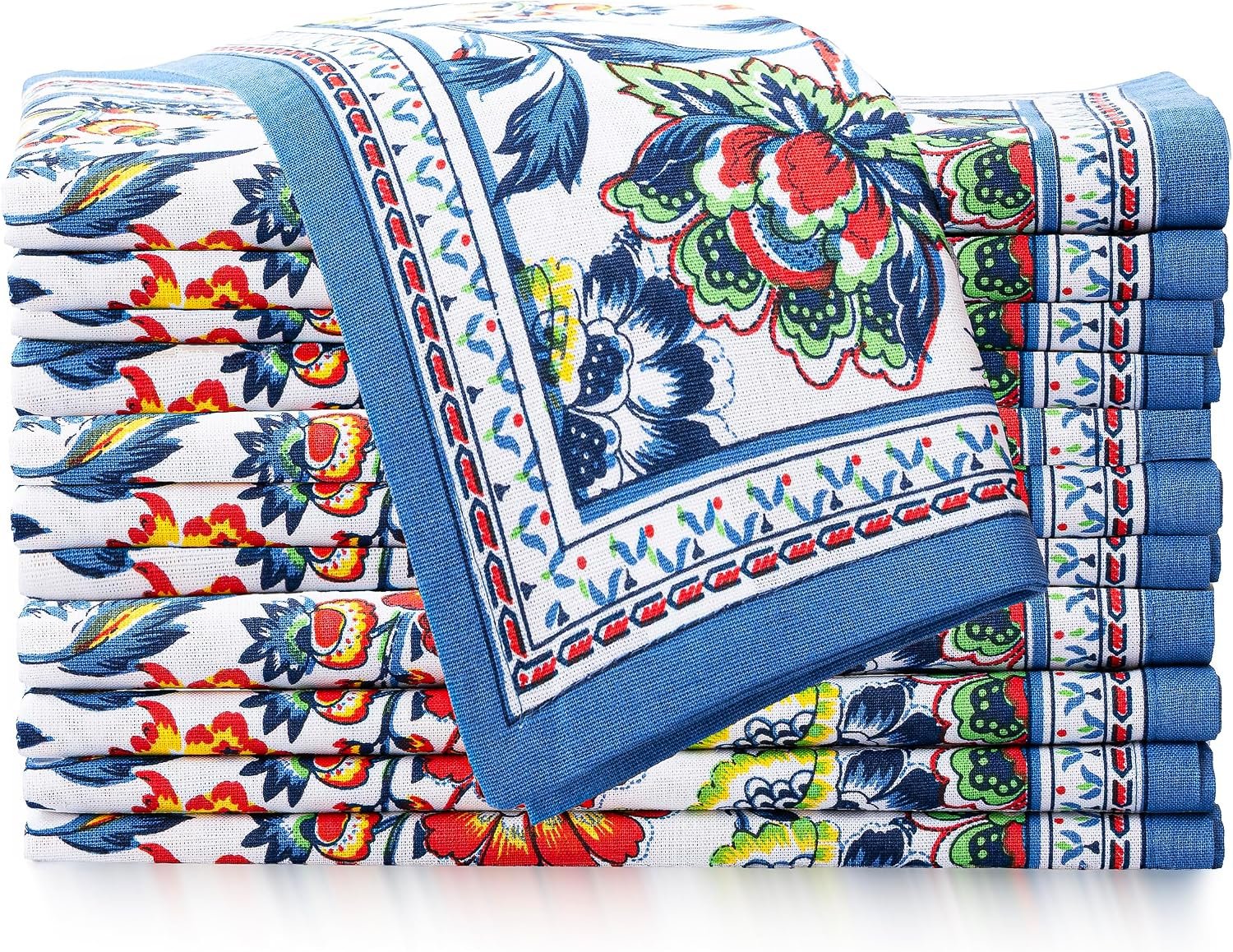 FINGERCRAFT Cloth Napkins Set of 12 Cotton Linen, 20×20 Inch, Blue Floral | Mitered corner, washable, soft, absorbent, floral block print suits weddings, restaurants, farmhouse, everyday dining tables
