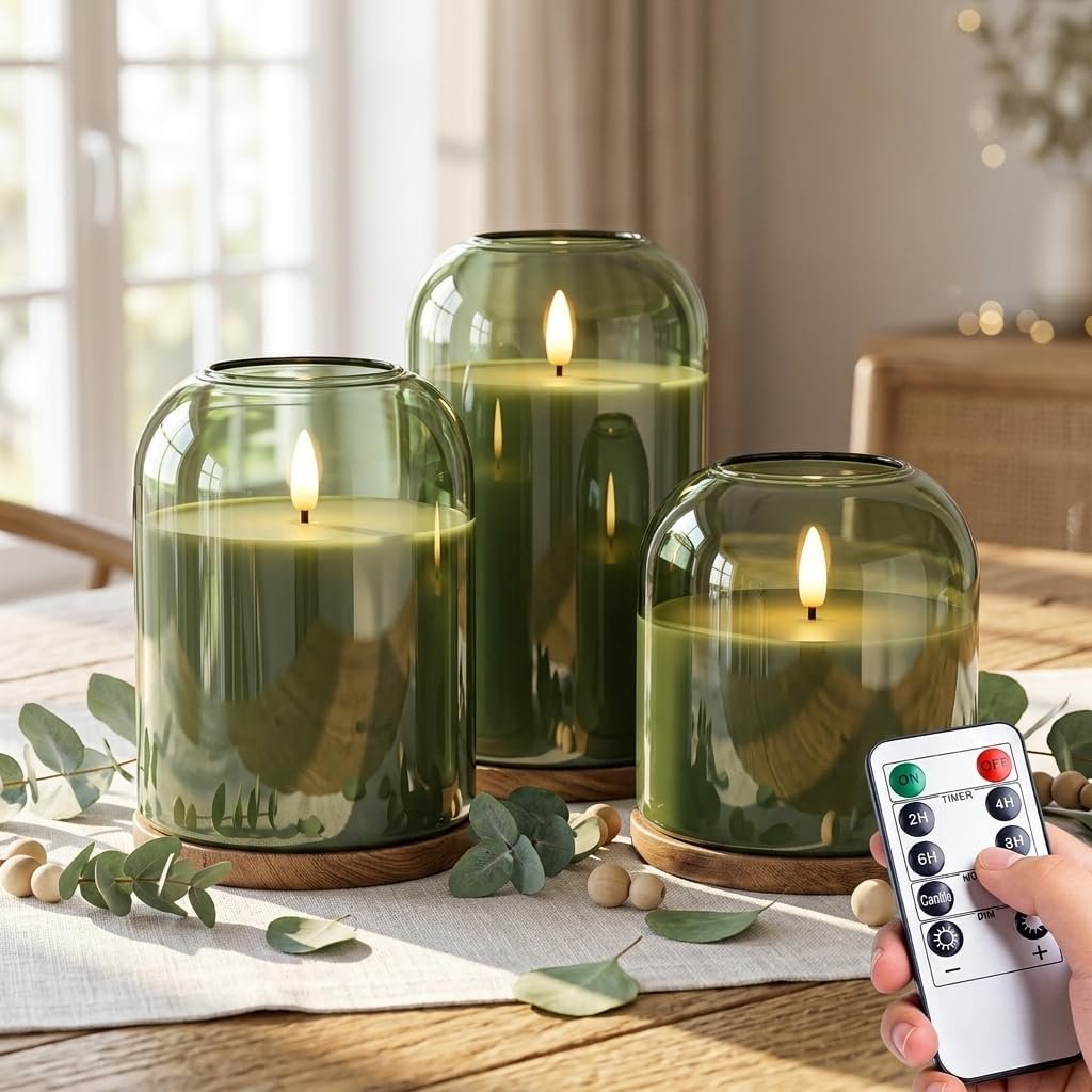 Mid Century Modern Home Decor, Olive Green Glass Flameless Pillar Candles