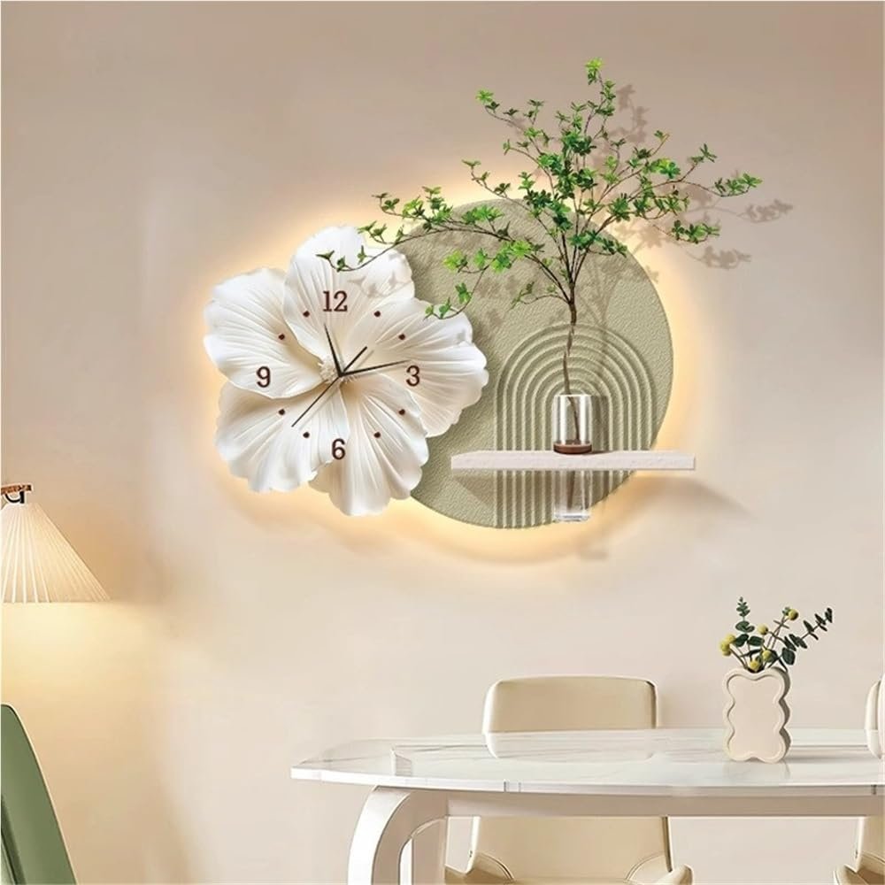 Sandstone Wall Art Decor with Clock, Clear Glass Vase Porch Decoration Painting with Light, Wall Art Sculpture for Entrance(Green,31.5X23.6IN)