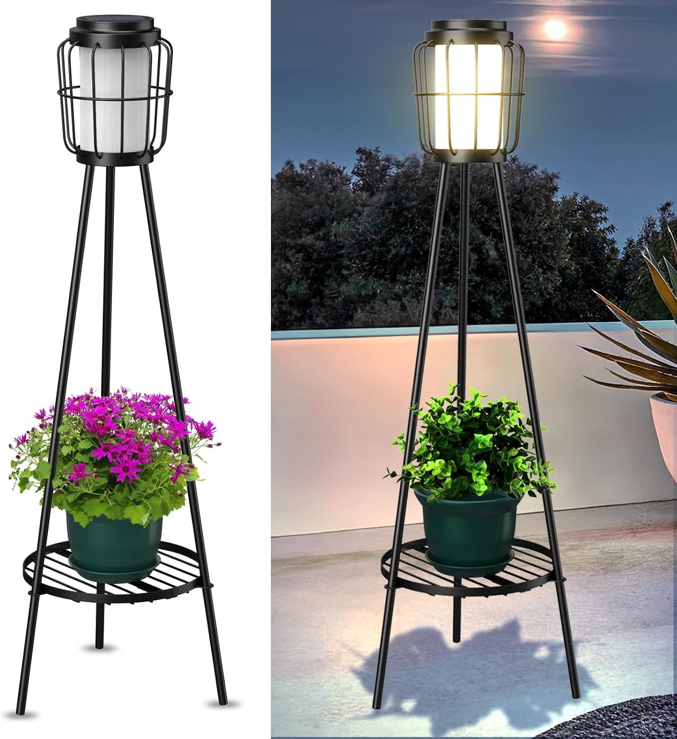 MXwcy 2 Pack Solar Lights Outdoor with Plant Stand, Waterproof Solar Floor Lamp & Tall Metal Planter Holder for Outside, Decorative Tripod Pathway Lantern for Patio, Garden, Porch, Yard Decor