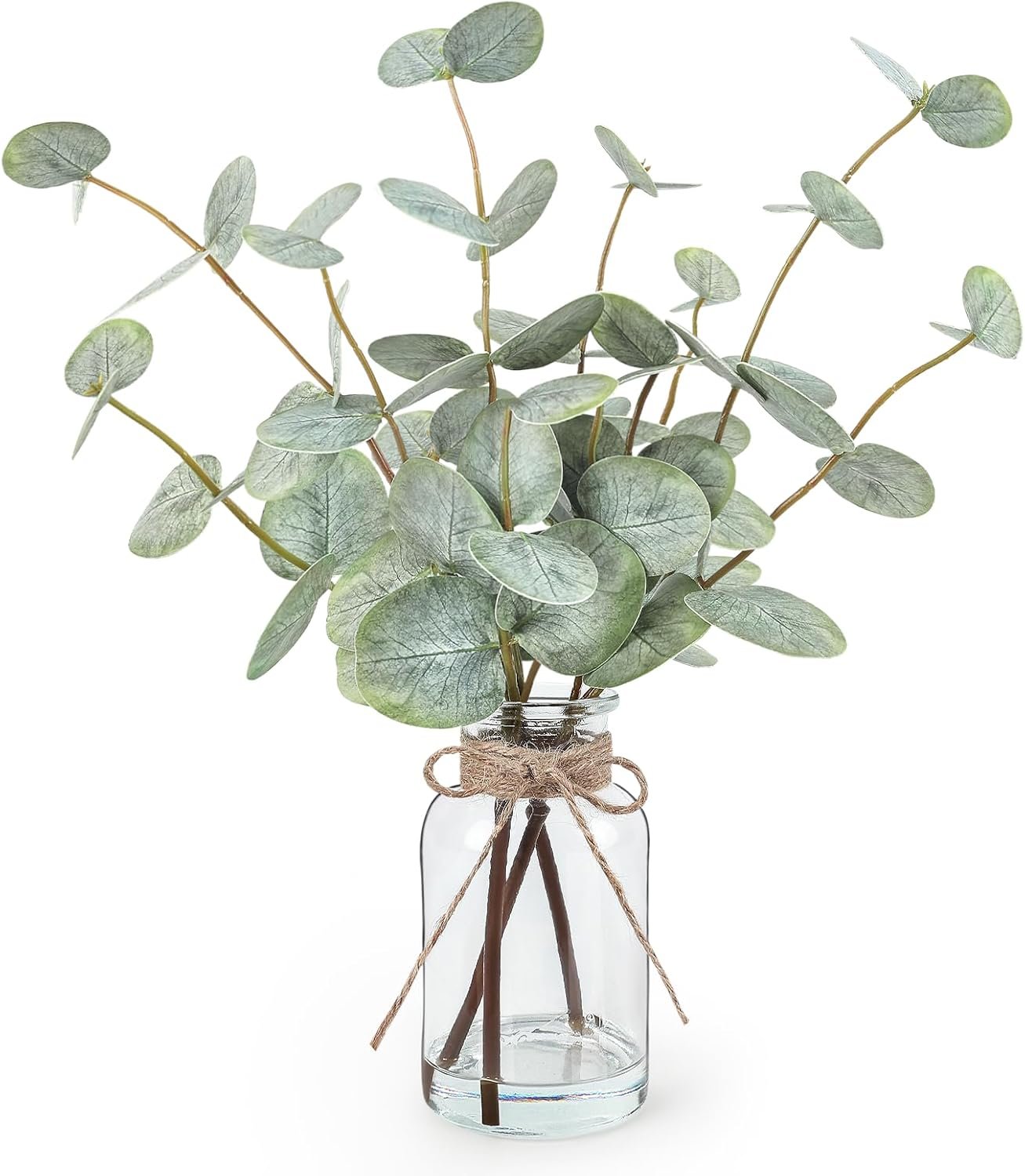 Bessol Artificial Eucalyptus Stems in Glass Vase with Faux Water, 13.5″ Fake Plants for Home Decor, Coffee Table Centerpieces, Office, Bathroom & Farmhouse – Green Faux Plants Decorations