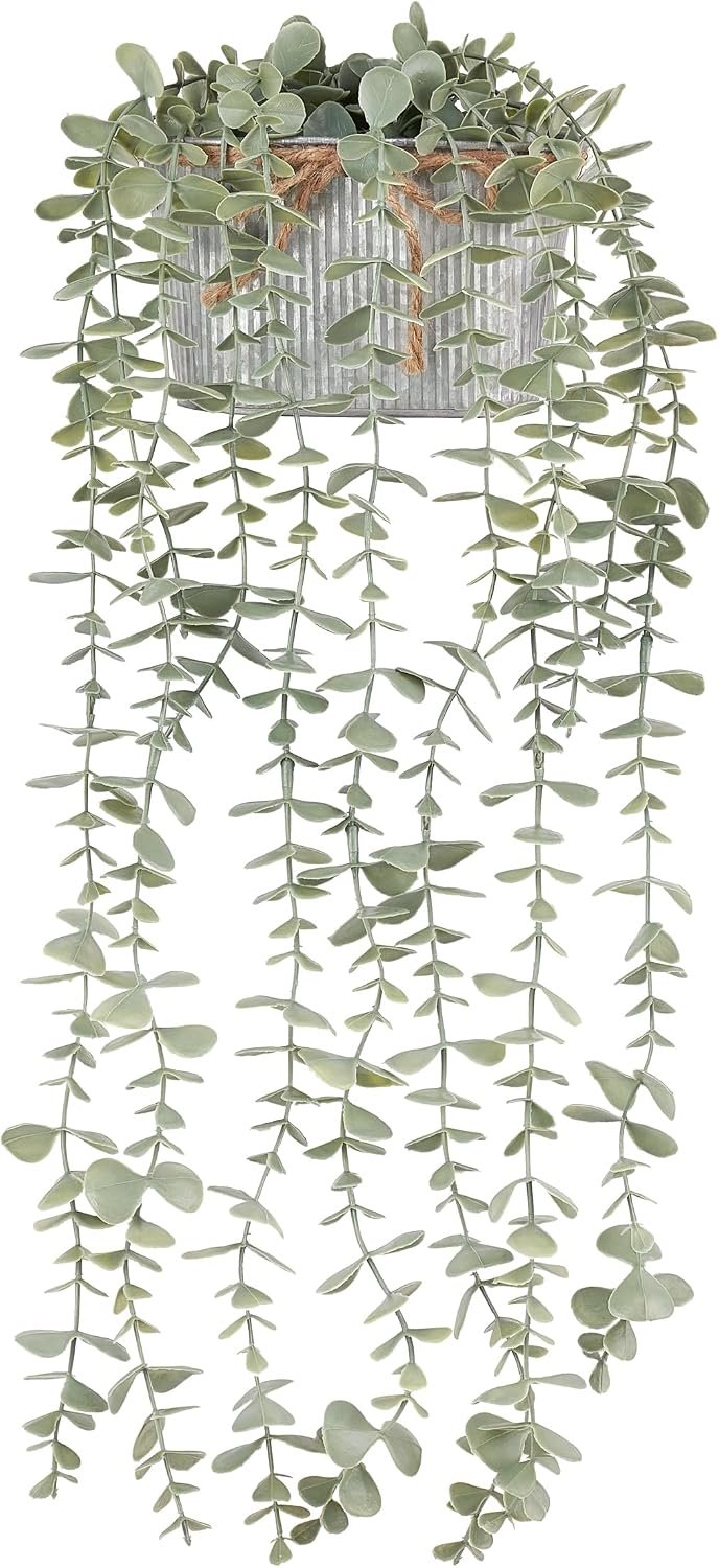 Mkono Fake Hanging Plants in Farmhouse Galvanized Pots for Shelf Decor Grey