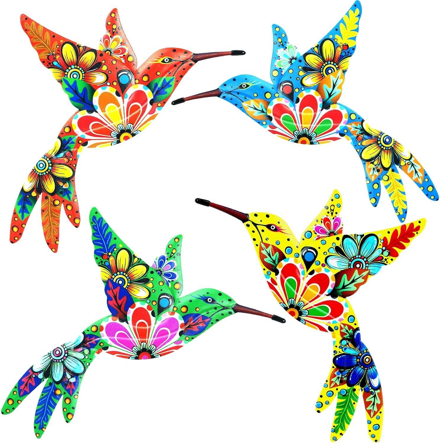 Cruis Cuka Outdoor Metal Wall Art Garden Decor for Outside Colorful Hummingbird Fence Art – (Set of 4,ColorFFX)