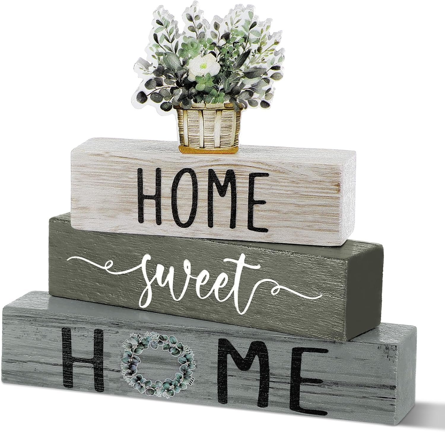 Cinnvoice 4 Pcs Farmhouse Wooden Tabletop Decor Green Eucalyptus Leaves