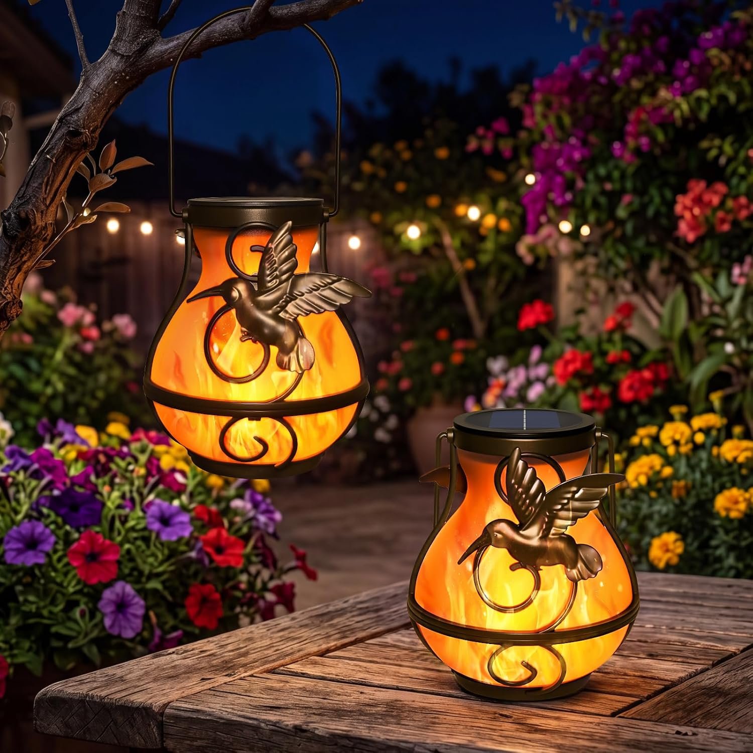 2 Pack Solar Lanterns Outdoor Waterproof, Plastic Flickering Flame Lights with Hummingbird Design, Hanging Solar Lantern for Patio, Porch & Garden Decoration, Gifts for Women, Mom