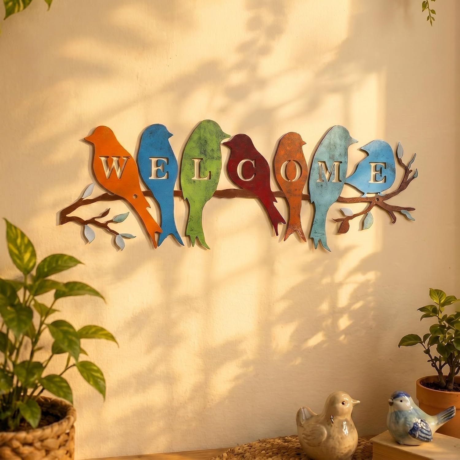 Peryiter Birds on Branch Welcome Sign Metal Wall Decor,Rustic Colors